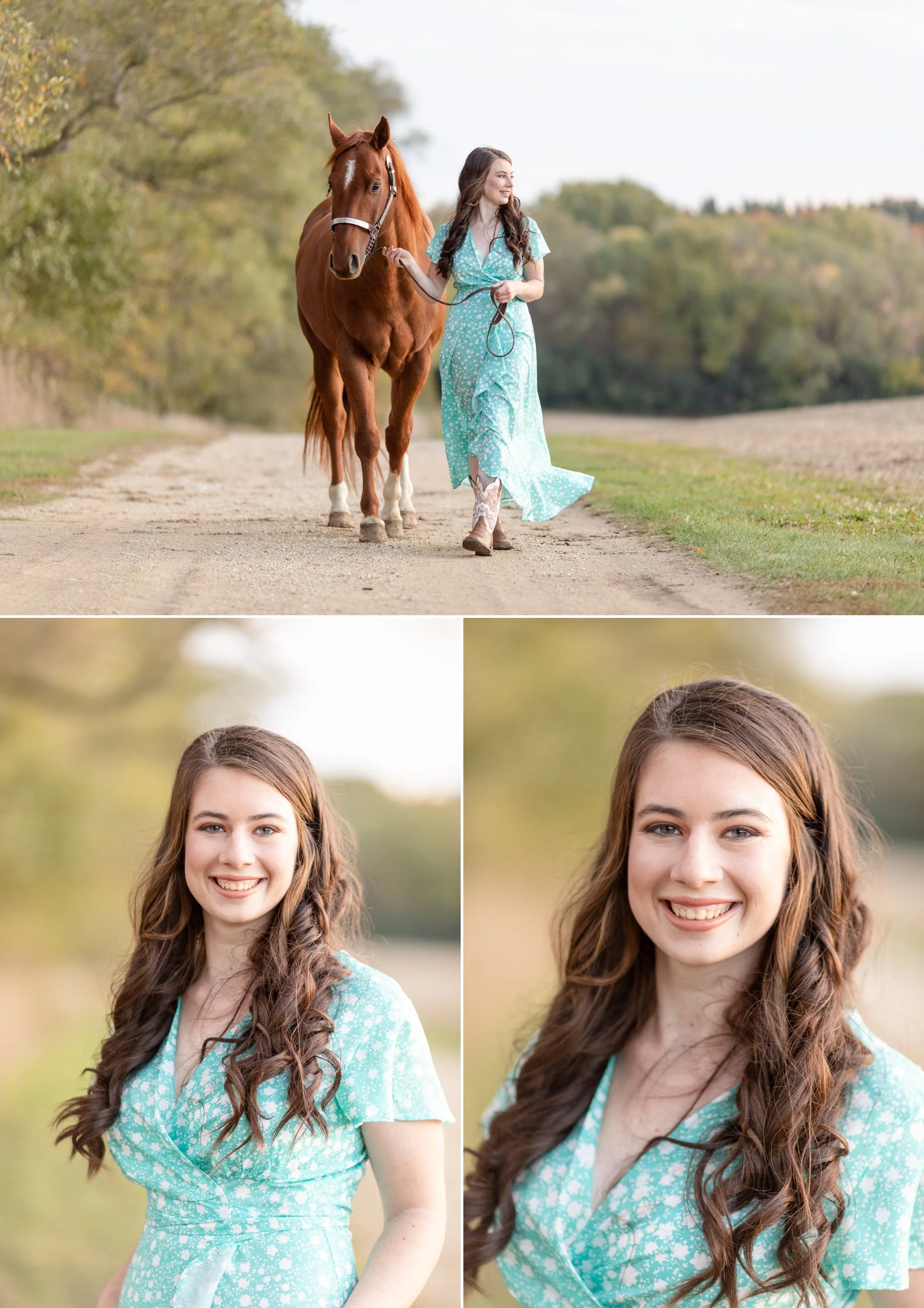 Chestnut quarter horse gelding and his owner posing for senior pictures
