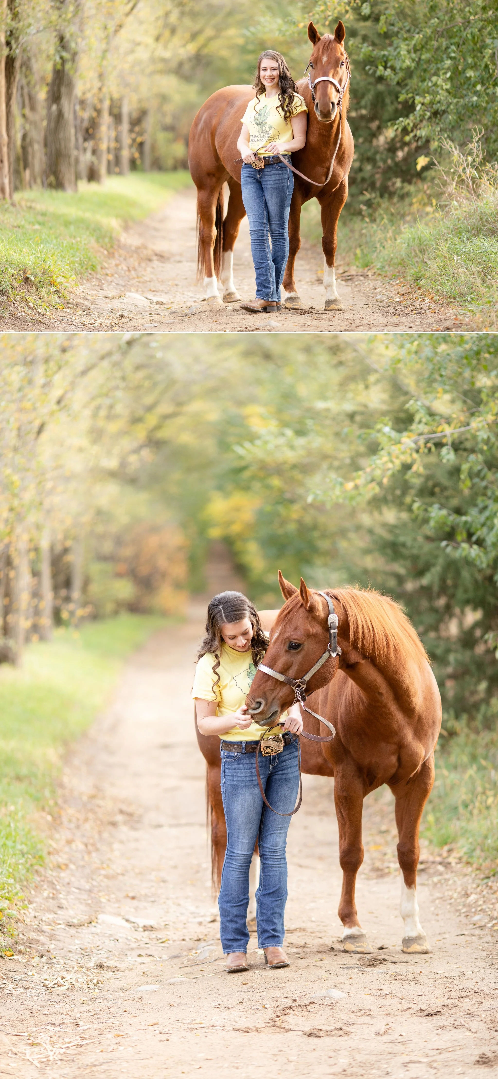 Chestnut quarter horse gelding and his owner posing for senior pictures