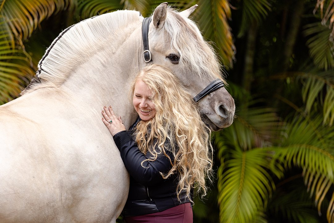 Portrait of dressage rider Alexandria Andrasko with Norwegian Fjord mare Corgi Hill Flinka during Wellington Florida photoshoot