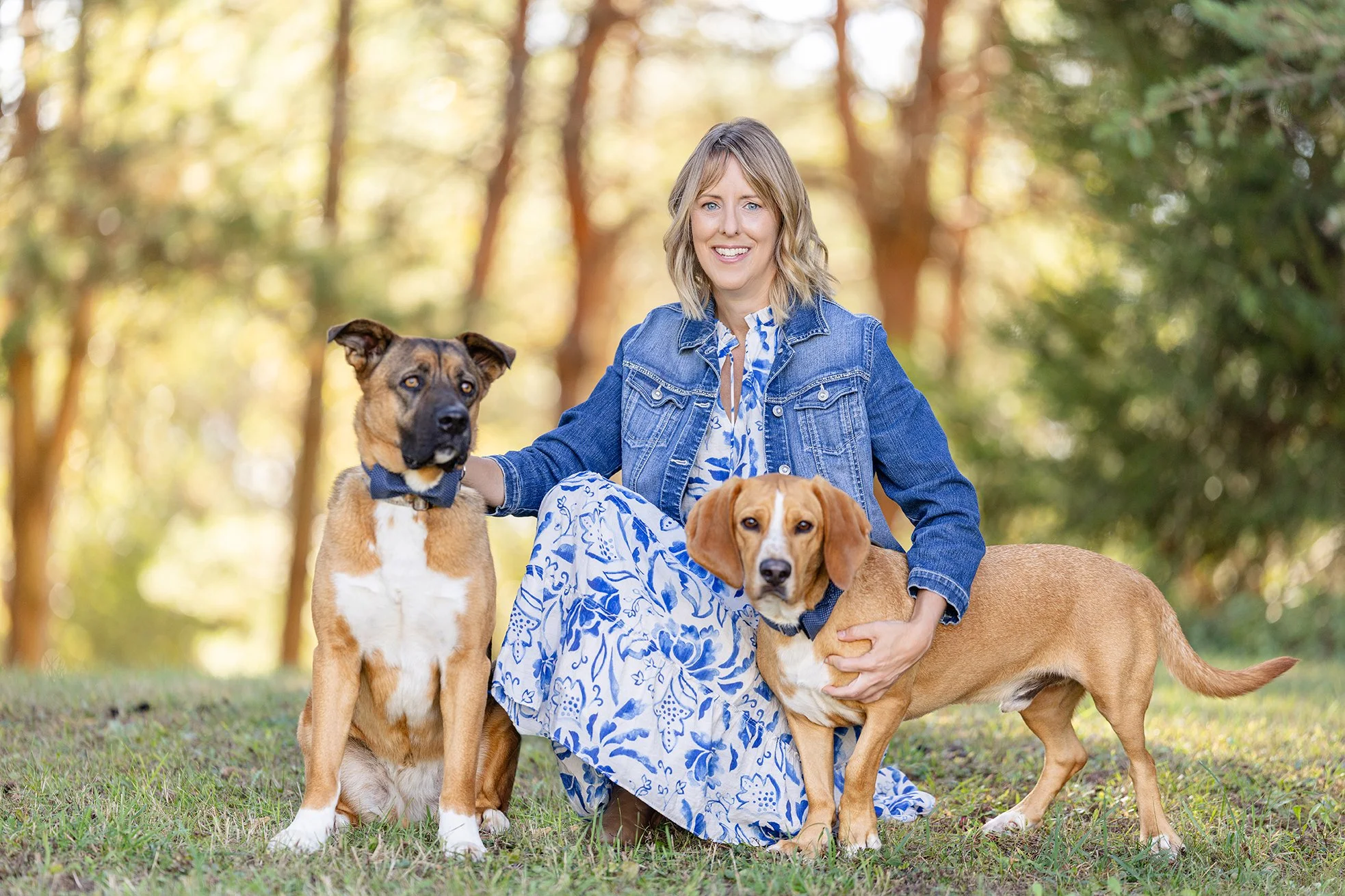 Two dogs, with their owner, pose for a photo