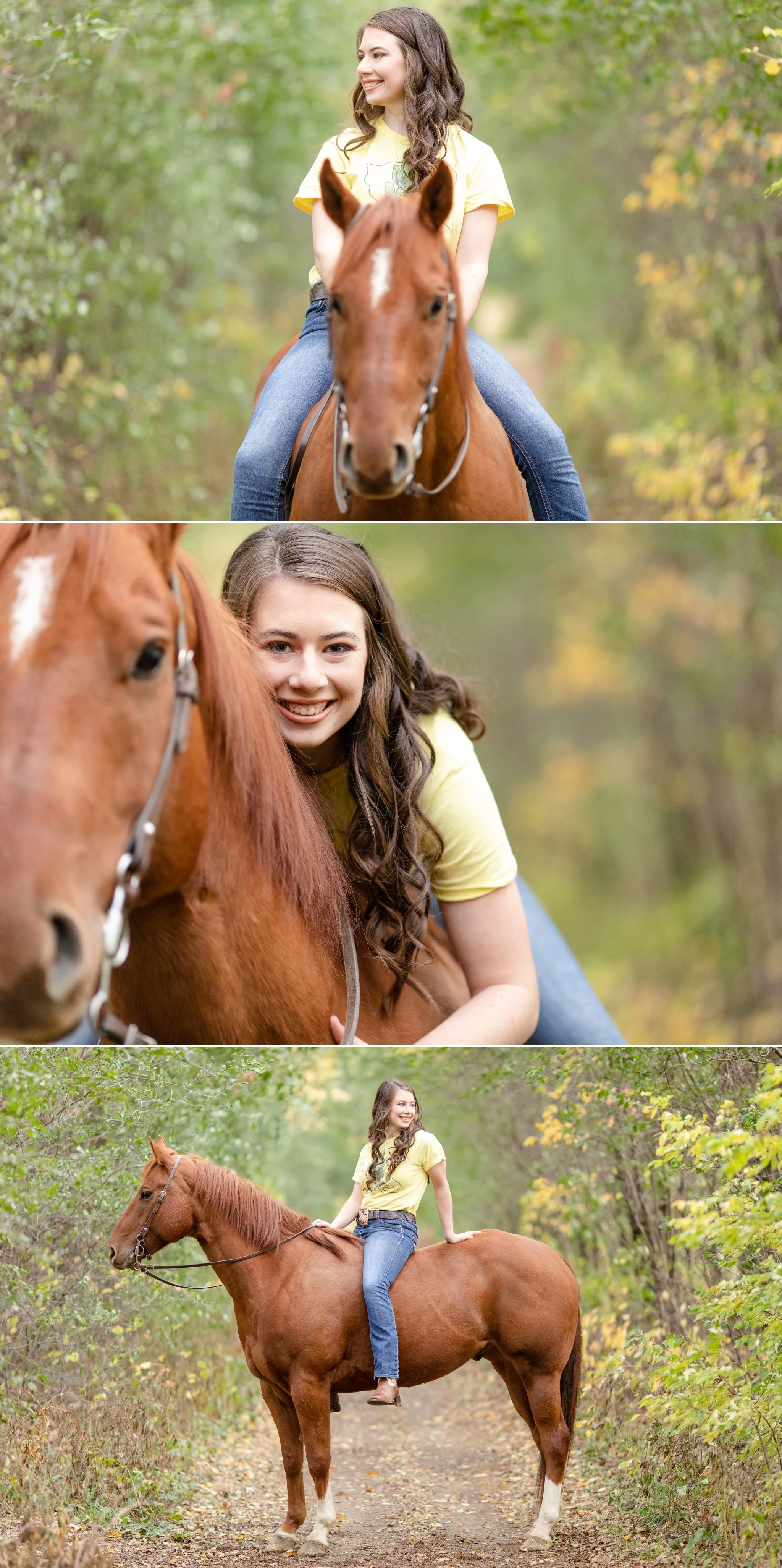 Chestnut quarter horse gelding and his owner posing for senior pictures