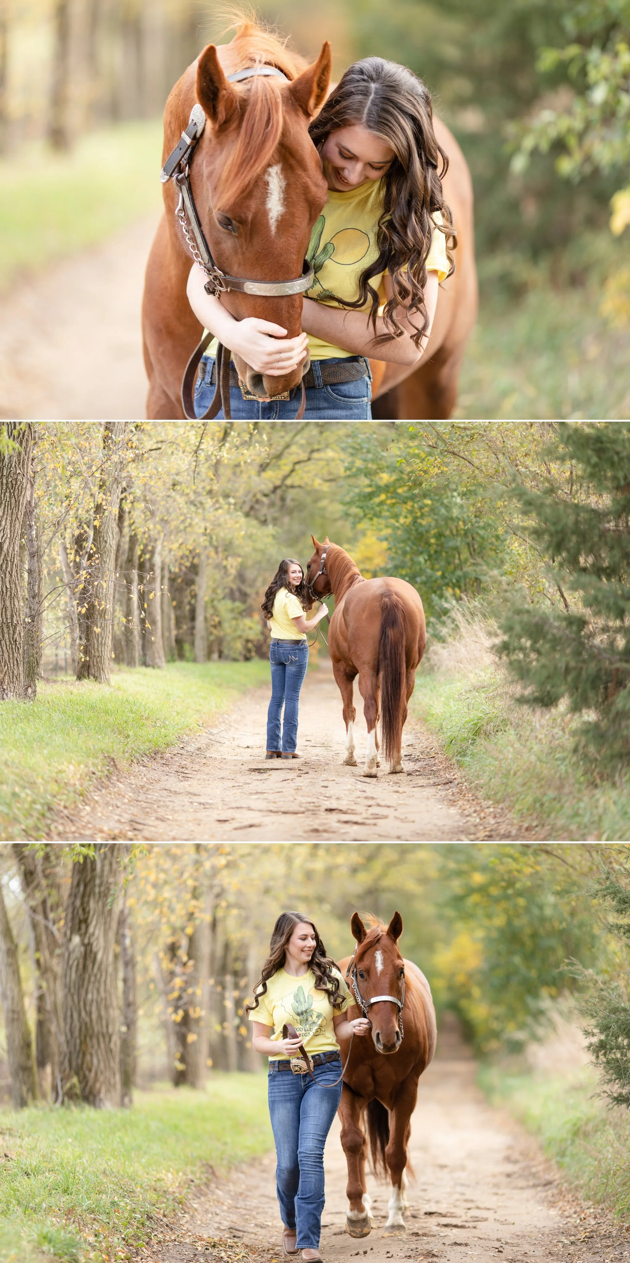 Chestnut quarter horse gelding and his owner posing for senior pictures