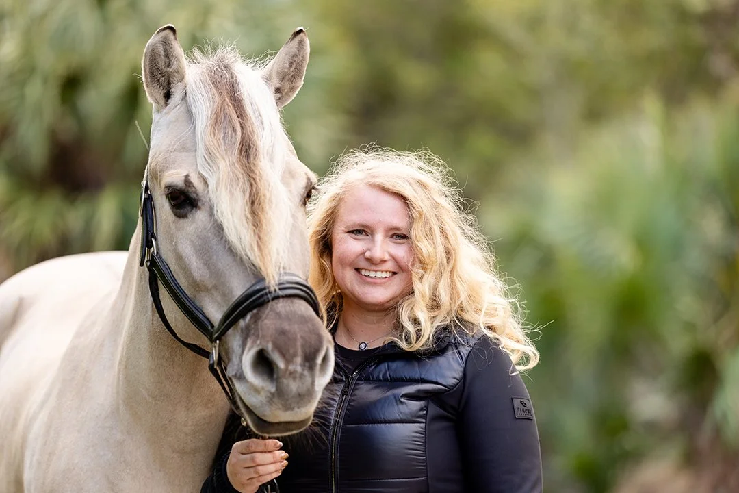 Dressage rider Alexandria Andrasko with Norwegian Fjord mare Corgi Hill Flinka during Wellington Florida equestrian photography session