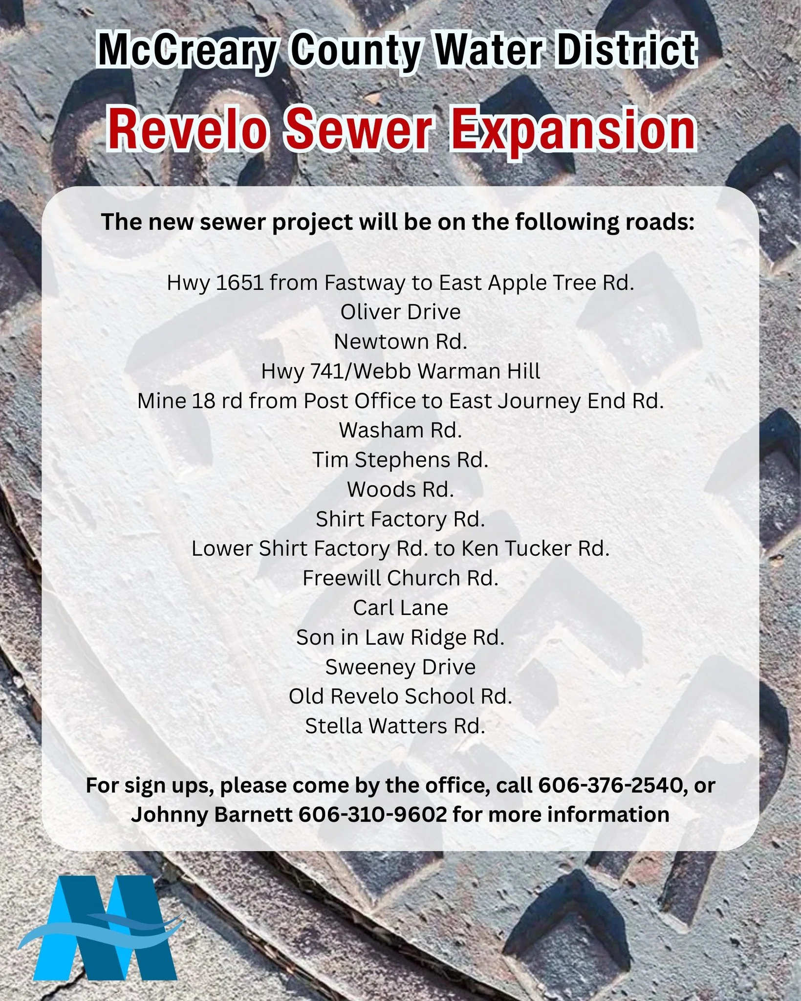 Revelo Sewer Expansion Project

McCreary County Water District is expanding sewer service in the Revelo area!

Interested in signing up or need more info?

Stop by the office or call 606-376-2540
You can also contact Johnny Barnett at 606-310-9602