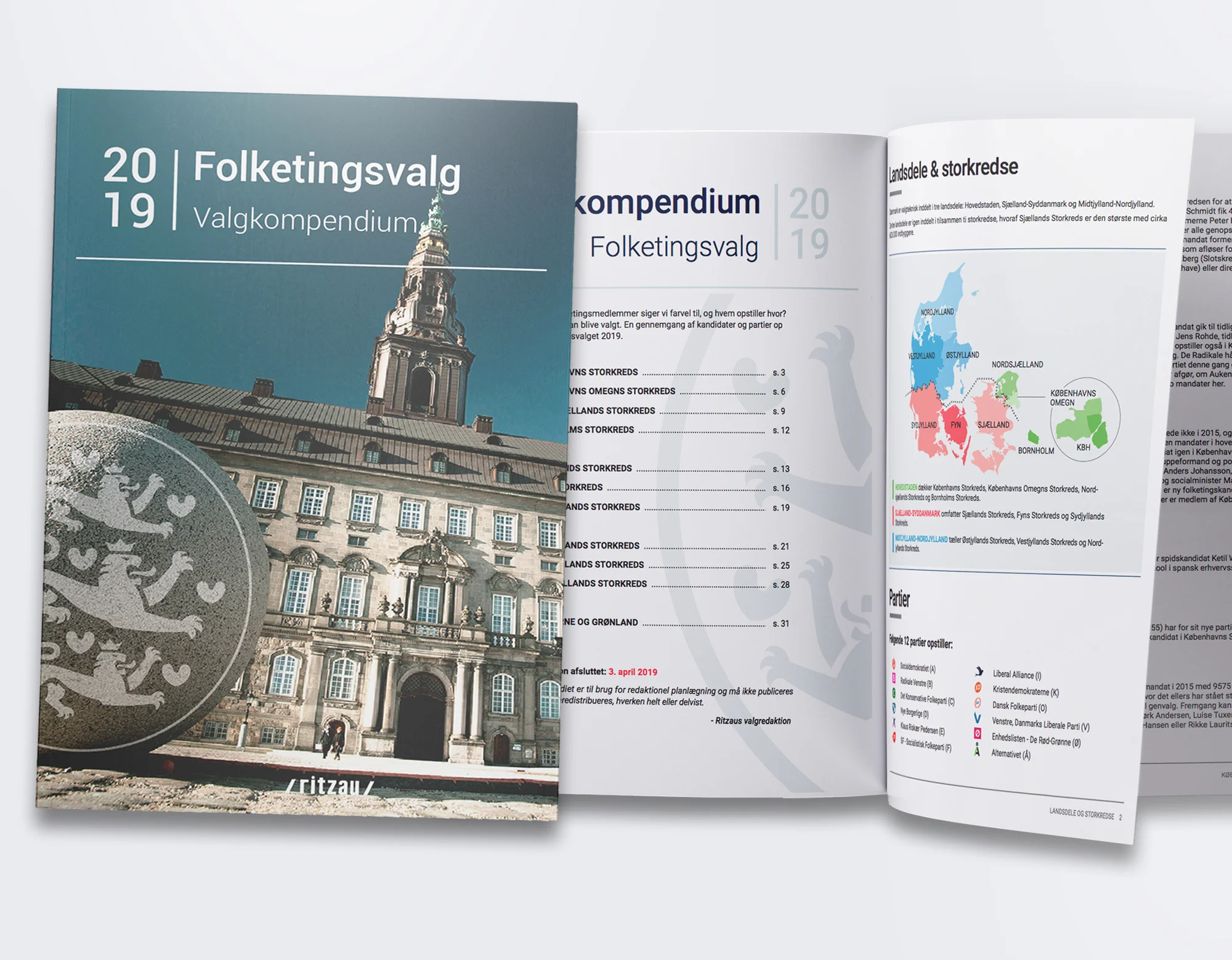 Design af valgkompendium for Ritzau til brug for medier, organisationer m.fl. i forbindelse med folketingsvalget d. 5. juni 2019.