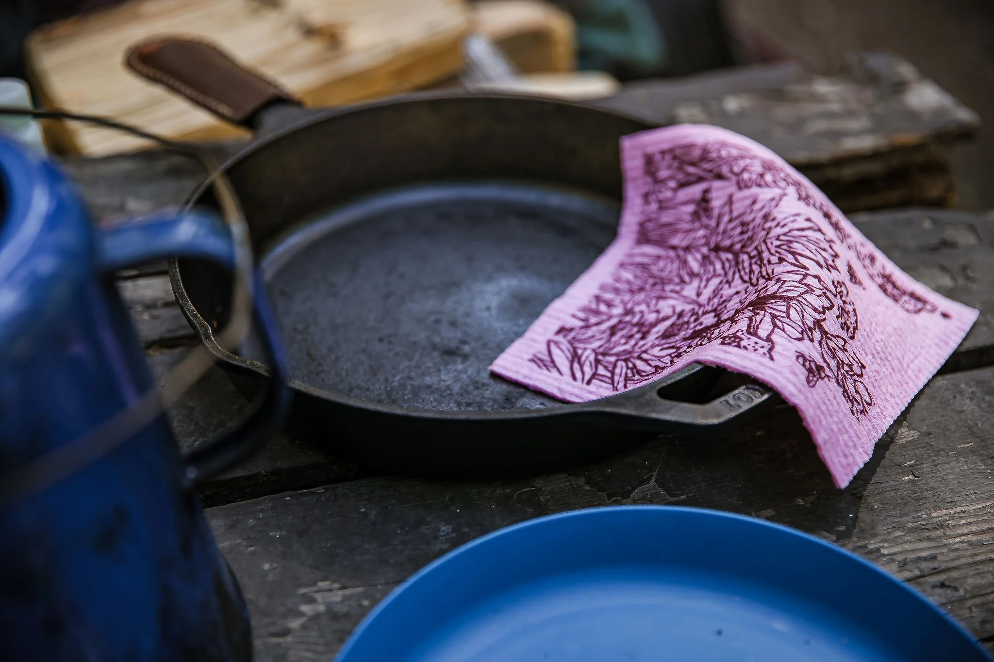 Swedish Dishcloth arranged in a camp kitchen outdoors at a campsite