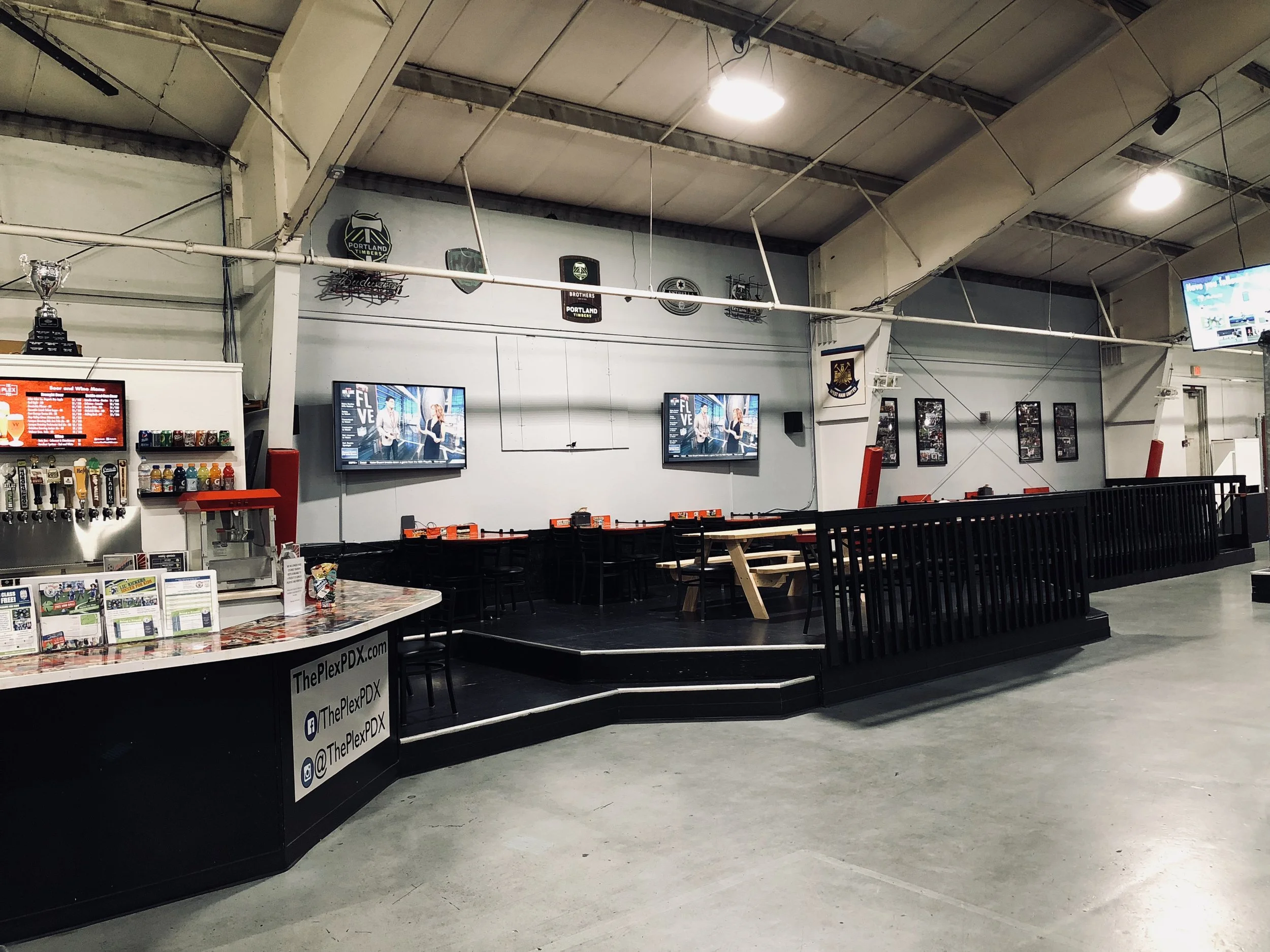Our Party Deck and Sports Bar located between our two fields. Equipped with 7 tables and 2 counters seating 40 people. Two 4K Hi Definition TV's to watch your favorite sports teams on while you enjoy one of our 10 local draughts.