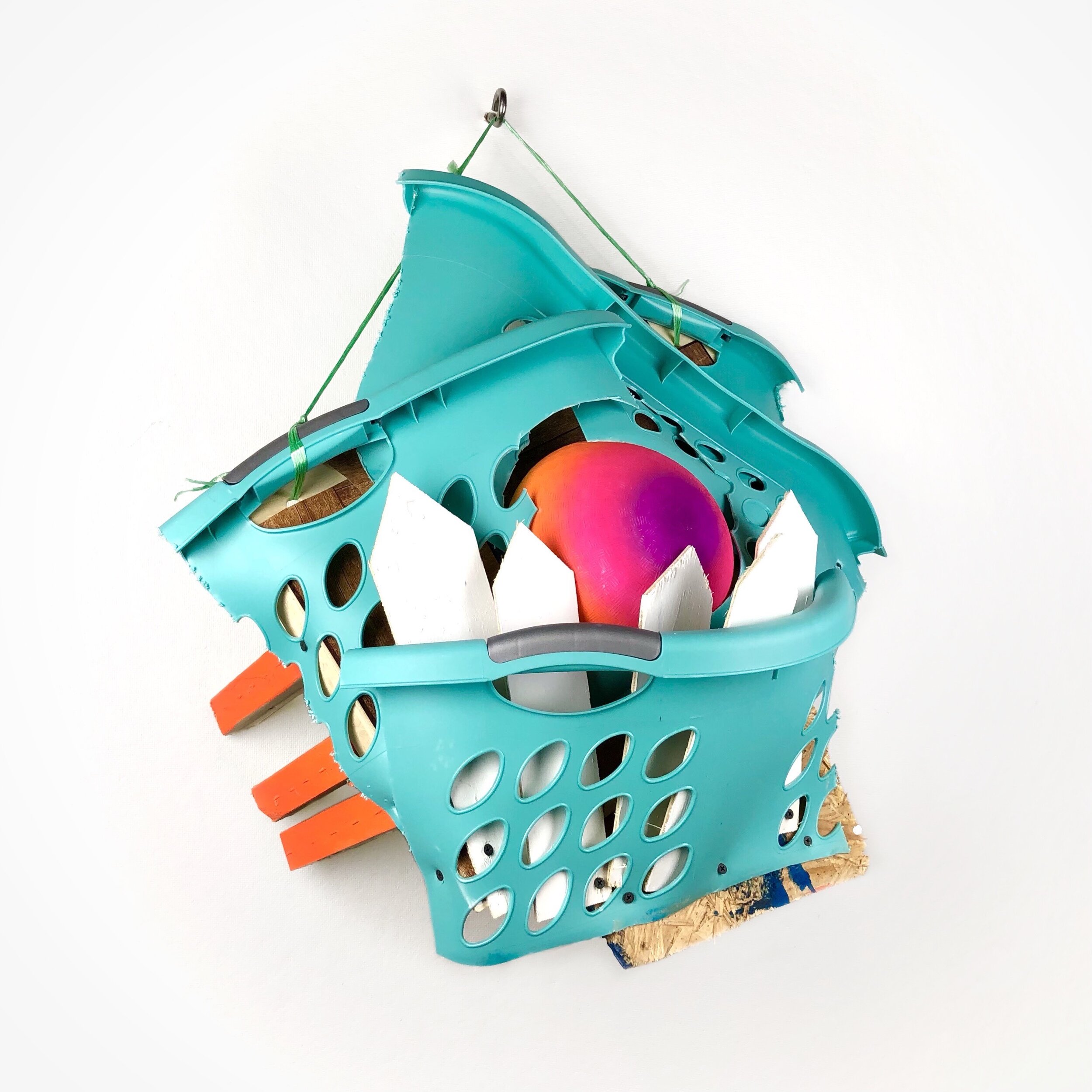   No Fun 3   Plastic laundry basket, rubber ball, wood, mixed media, 28” X 28”, 2020, $500 