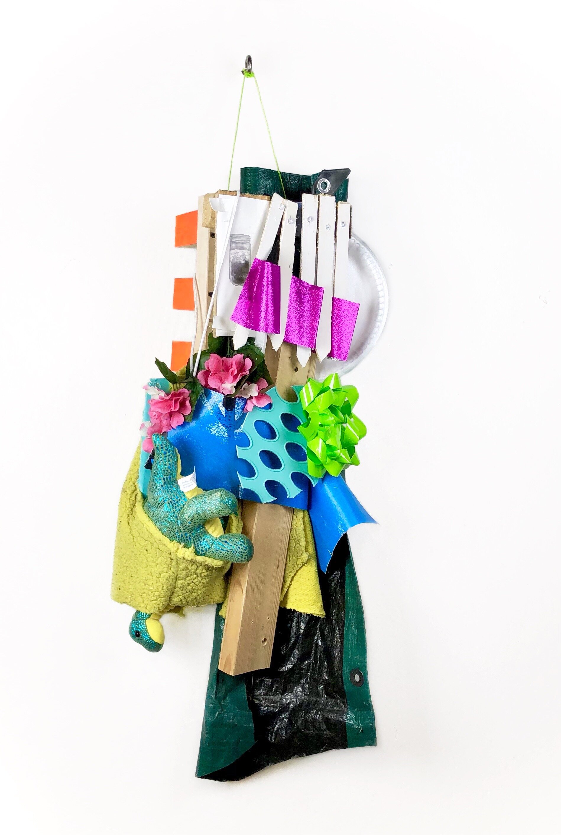   No Fun 4   Plastic laundry basket, stuffed dinosaur, tarp, wood, mixed media, 36” X 21”, 2020, $600 