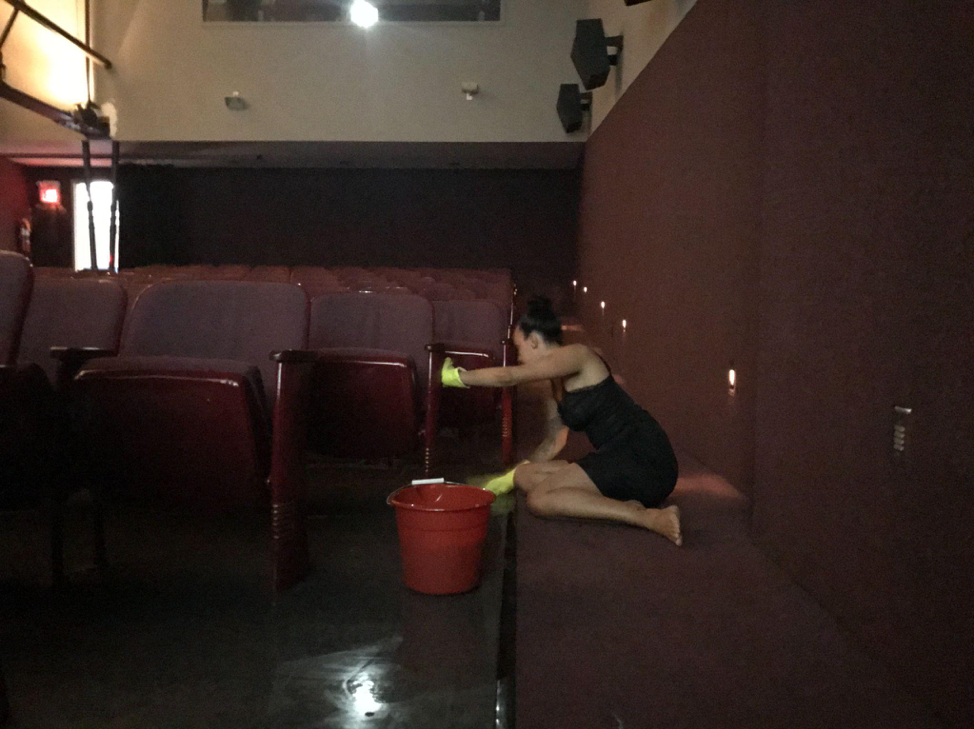   Eternity/Exhaustion  , 2017 Durational performance, Melwood Screening Room, Pittsburgh, PA  4 hours, 30 minutes    For this performance, I explored themes of labor, and violence against Black femmes. I scrubbed the floor of the screening room for 4