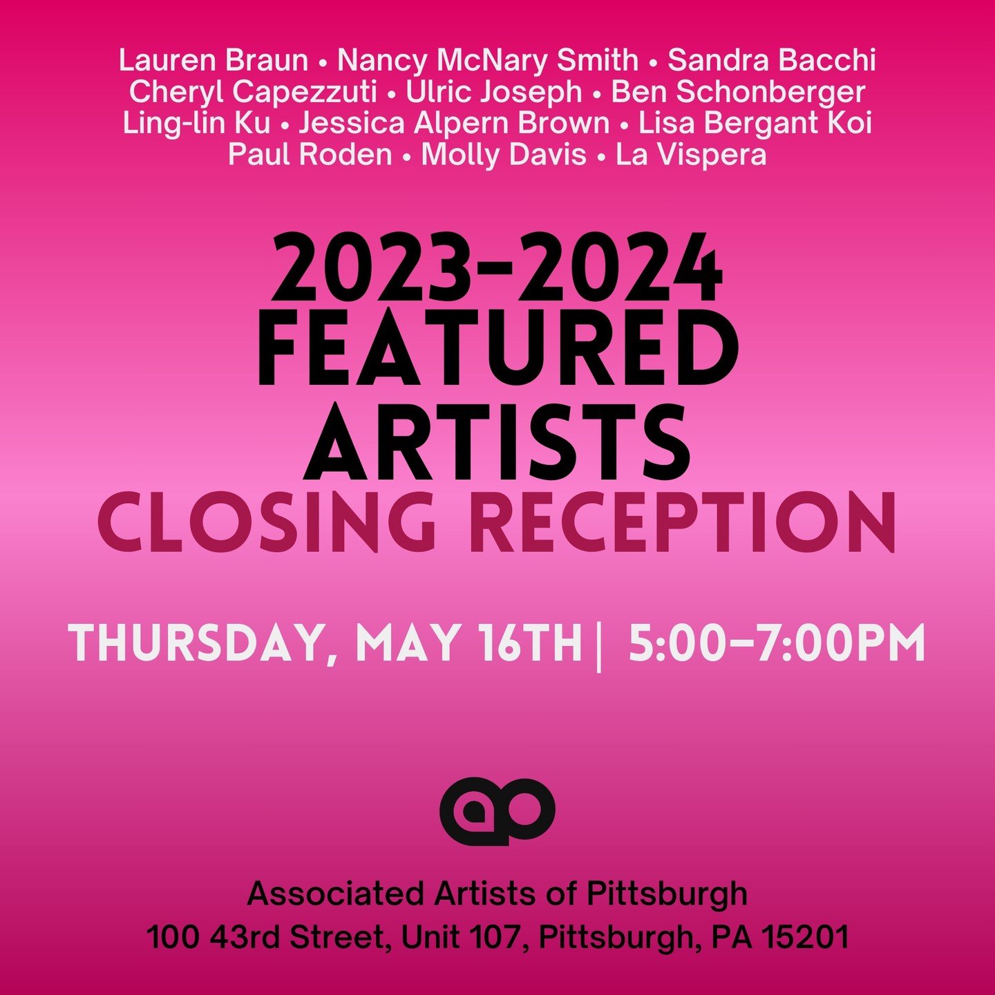 On Thursday, May 16th, join us at a Closing Reception to view 2023&ndash;2024 Featured Artists Exhibition before it closes on Friday, May 17th! Many of the artists will be in attendance. 

Free and open to the public. To learn more and rsvp, click th