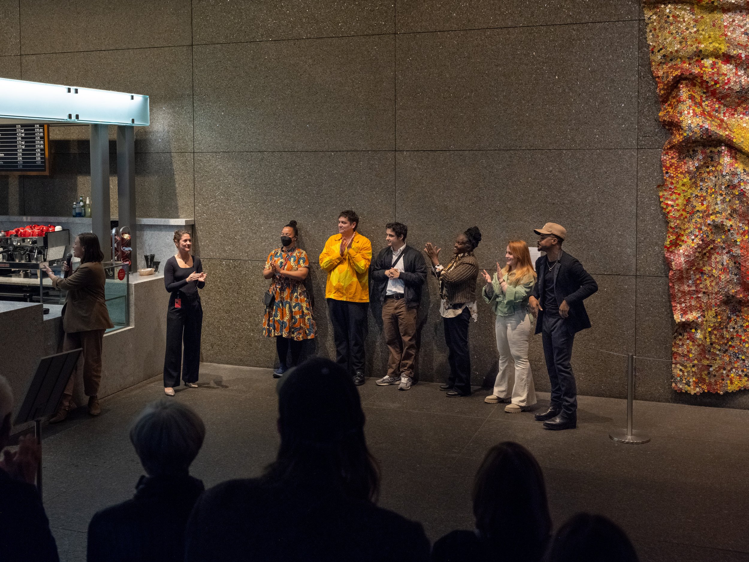 Left to right: Curatorial Assistant Cynthia Stucki and artists Addoley Dzegede, Bryan Martello, Matthew Constant, Christine Bethea, Jamie Earnest, and Justin Emmanuel Dumas