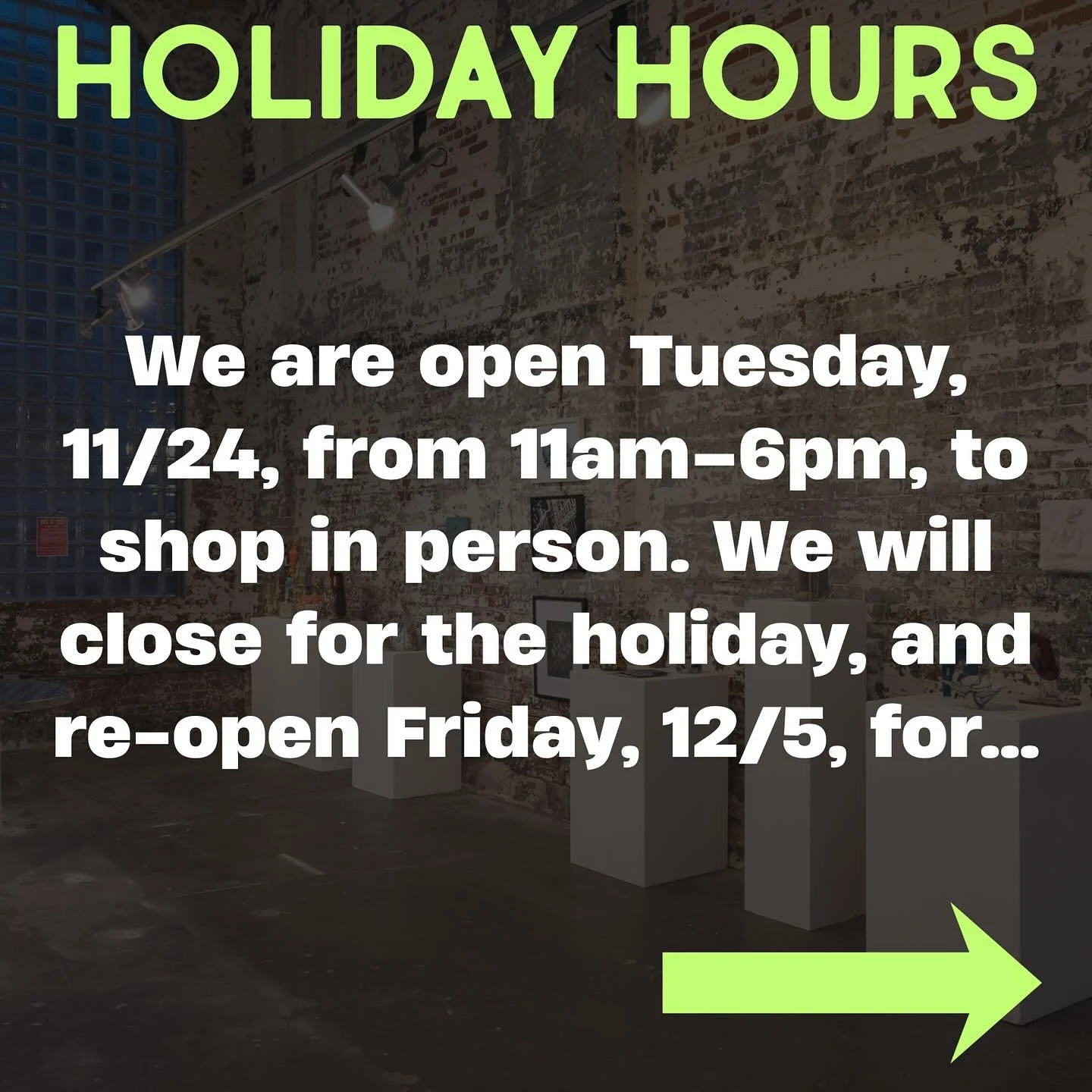 Holiday Hours update: We are open Tuesday, 11/24, from 11am&ndash;6pm, to shop in person. We will close for the holiday, and re-open Friday, 12/5, for 115 X 115 second drop! 

Join us December 5th from 4-7pm to shop the 115 X 115 with new pieces adde