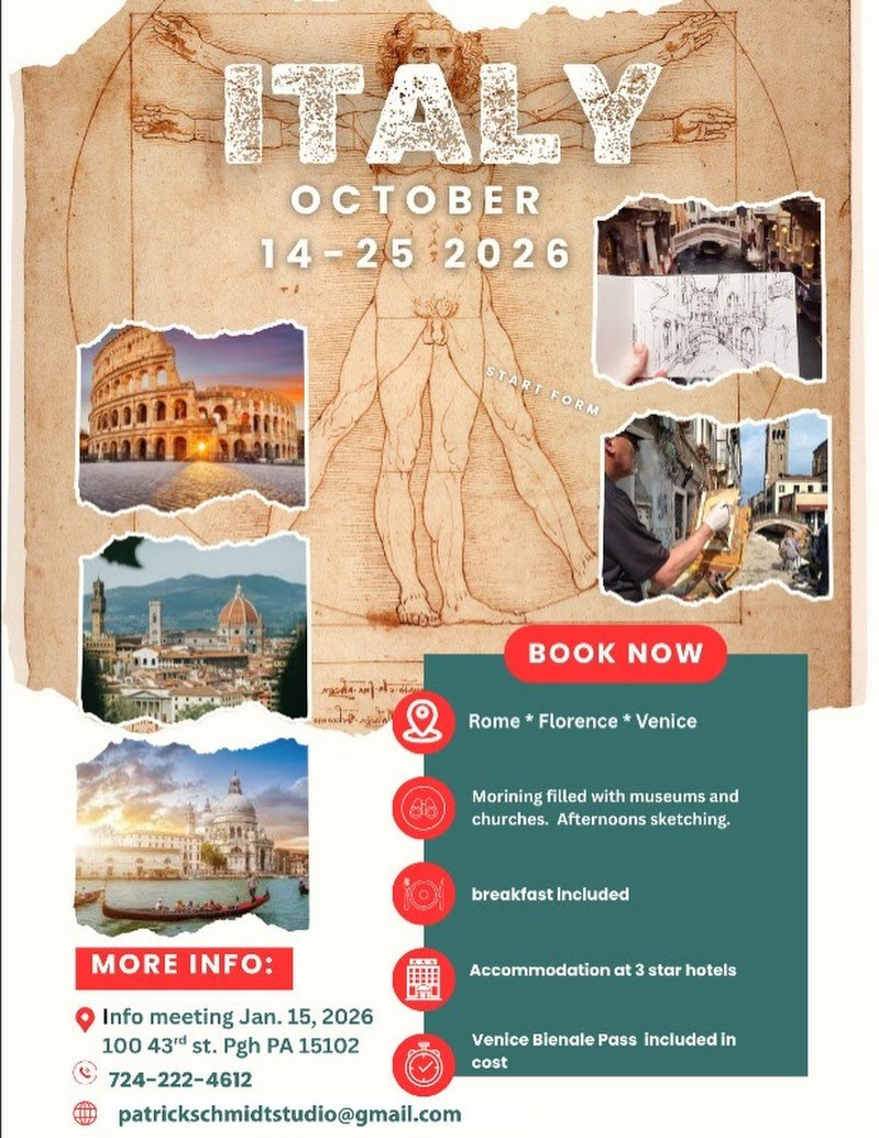 Interested in going in the artist sketching trip to Italy this October? Join fellow AAP member Patrick Schmidt at Associated Artists of Pittsburgh for an information session tonight, January 15th at 6pm to learn more about the proposed October 2026 S
