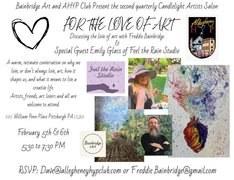 "For the Love of Art," a two night artist talk with Emily Glass and Freddie Bainbridge at the Allegheny Harvard Yale Princeton Club
