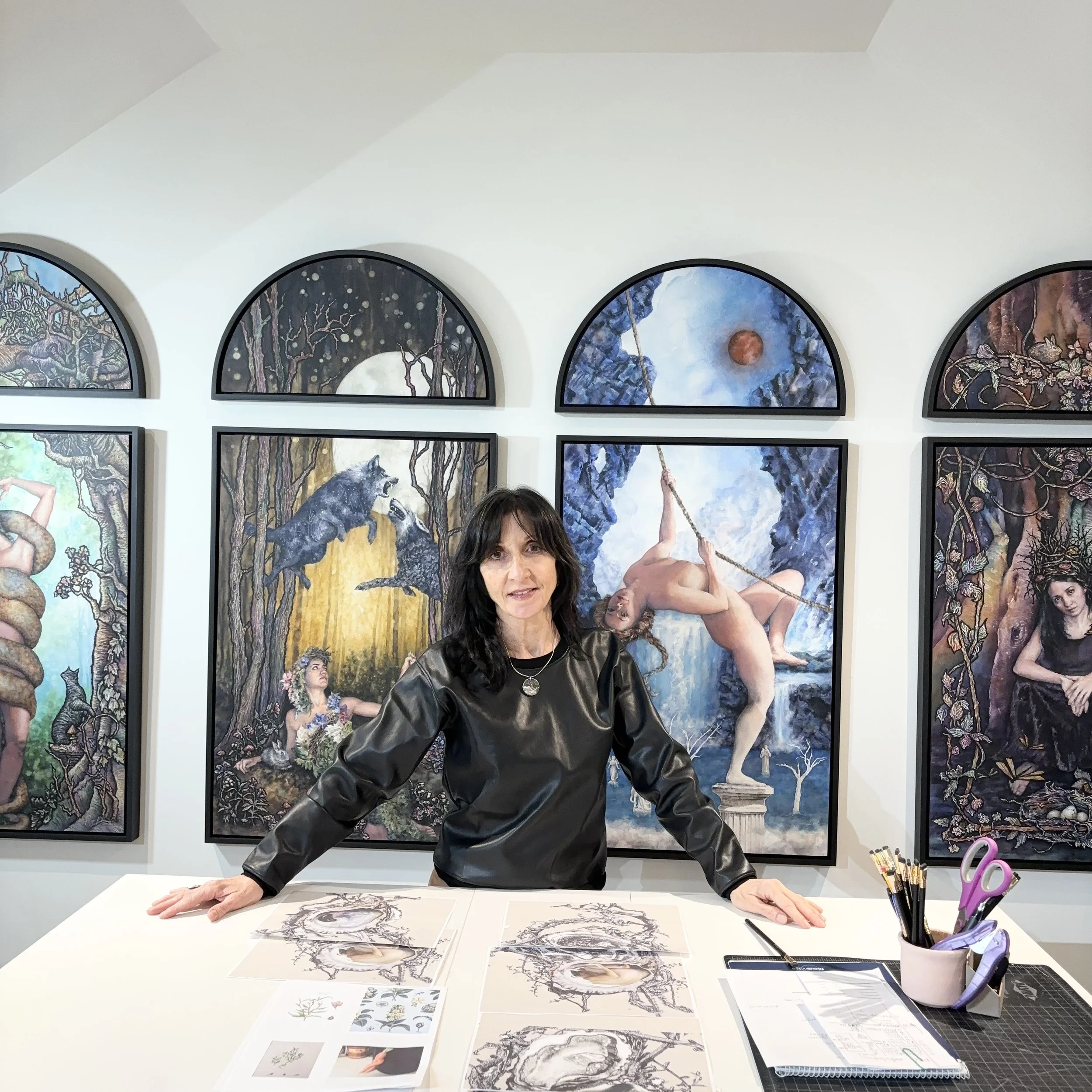 Habets in studio with work from the exhibition Untangling our Roots, 2025