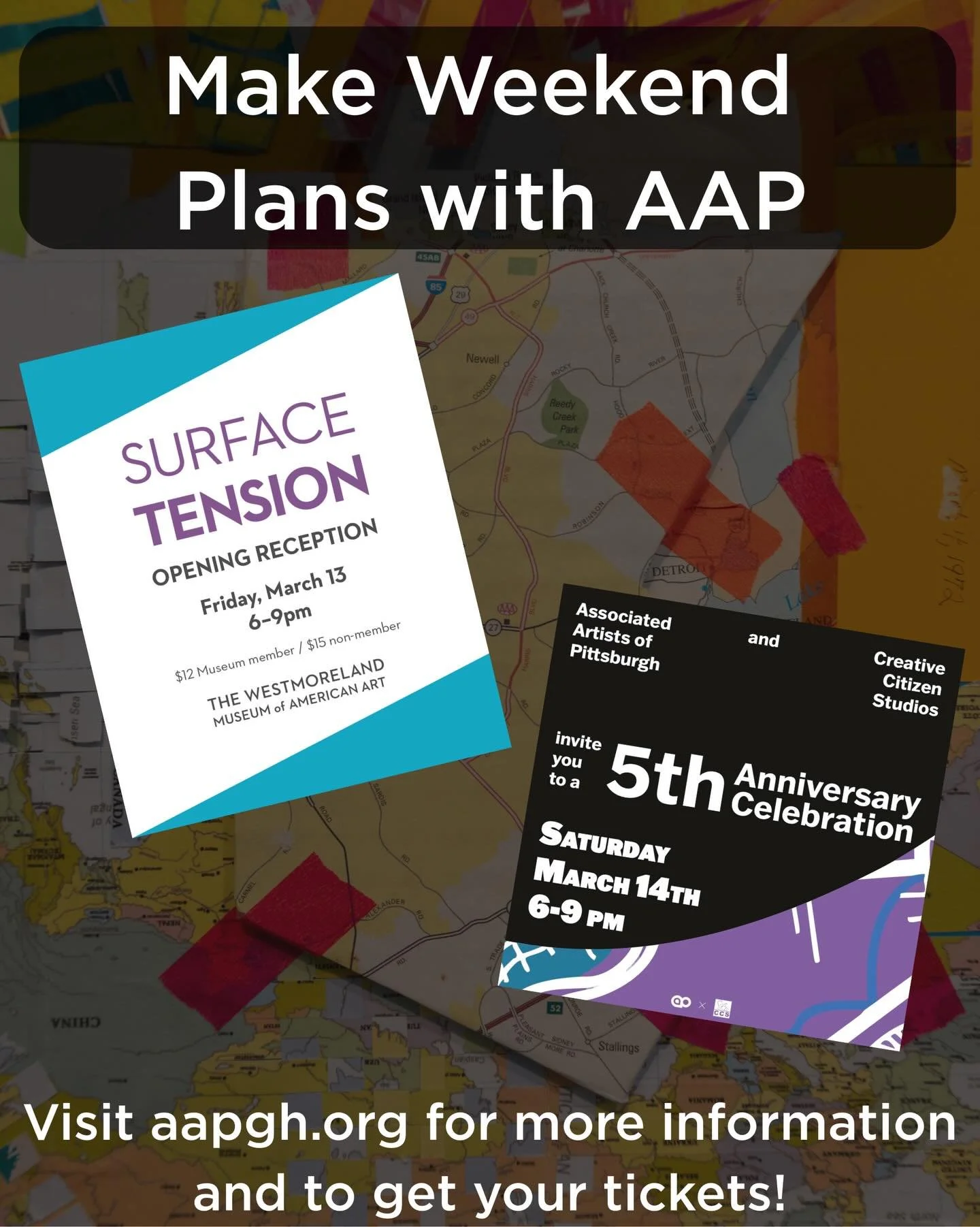 Make weekend plans with AAP with 2 events! Friday, 3/13, is the opening of &lsquo;Surface Tension&rsquo; at the Westmoreland Museum of American Art from 6-9pm. The opening coincides with Art on Tap: St. Paddy&rsquo;s Day Whiskey Bash which is a 21+ e