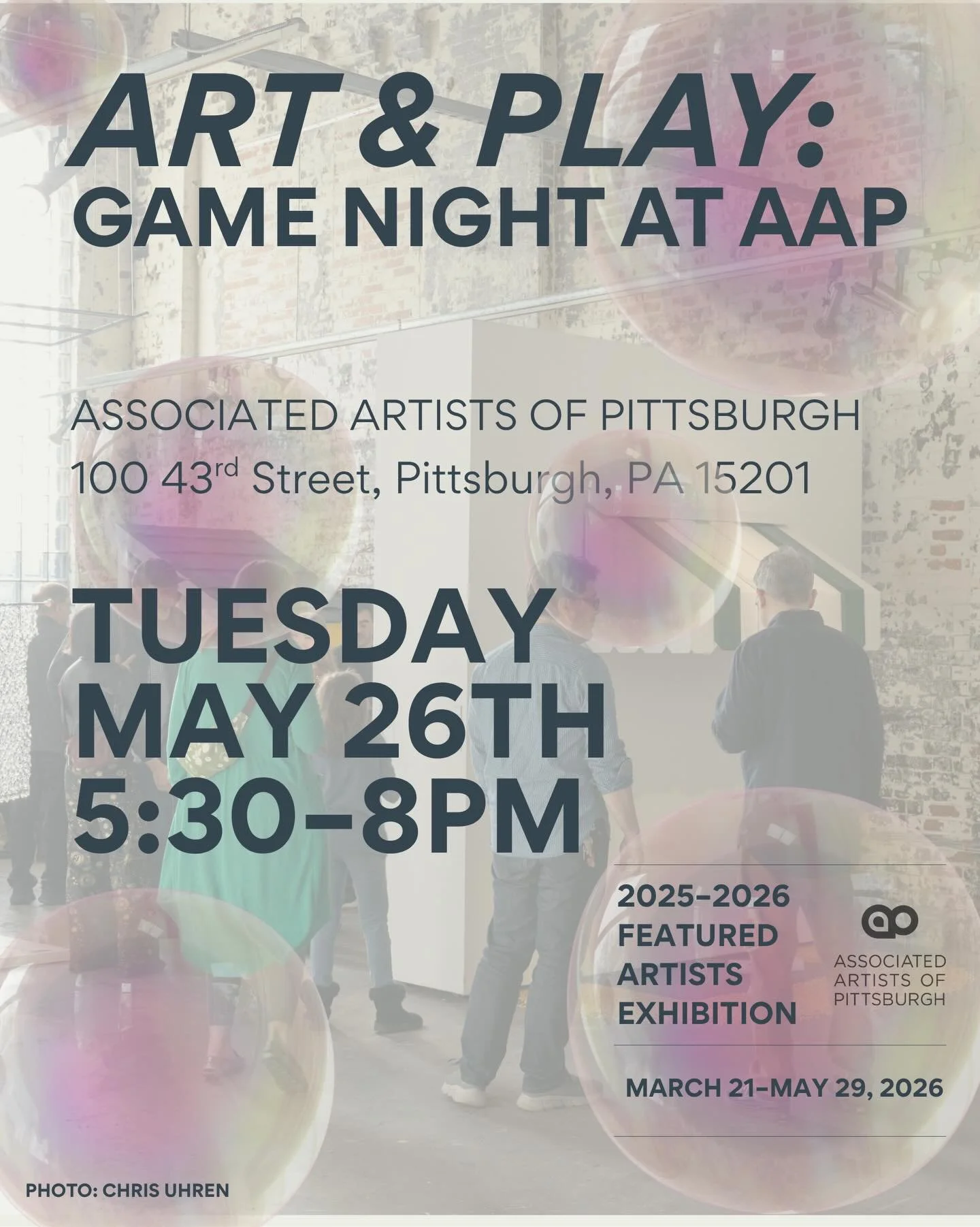 Art &amp; Play: Game Night at AAP is one week away! Join us at Associated Artists of Pittsburgh on Tuesday, May 26, 2026 from 5:30pm-8pm. All ages will enjoy an evening filled with interactive art and games by the 2025&ndash;2026 Featured Artists!

C