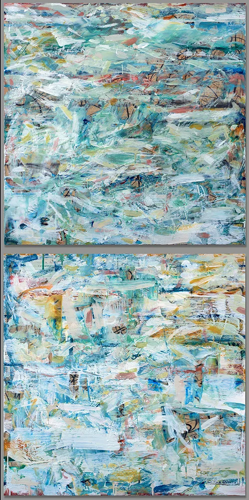 "Summer Cicadas", 2016, encaustic and collage on board, 36" x 72", diptych