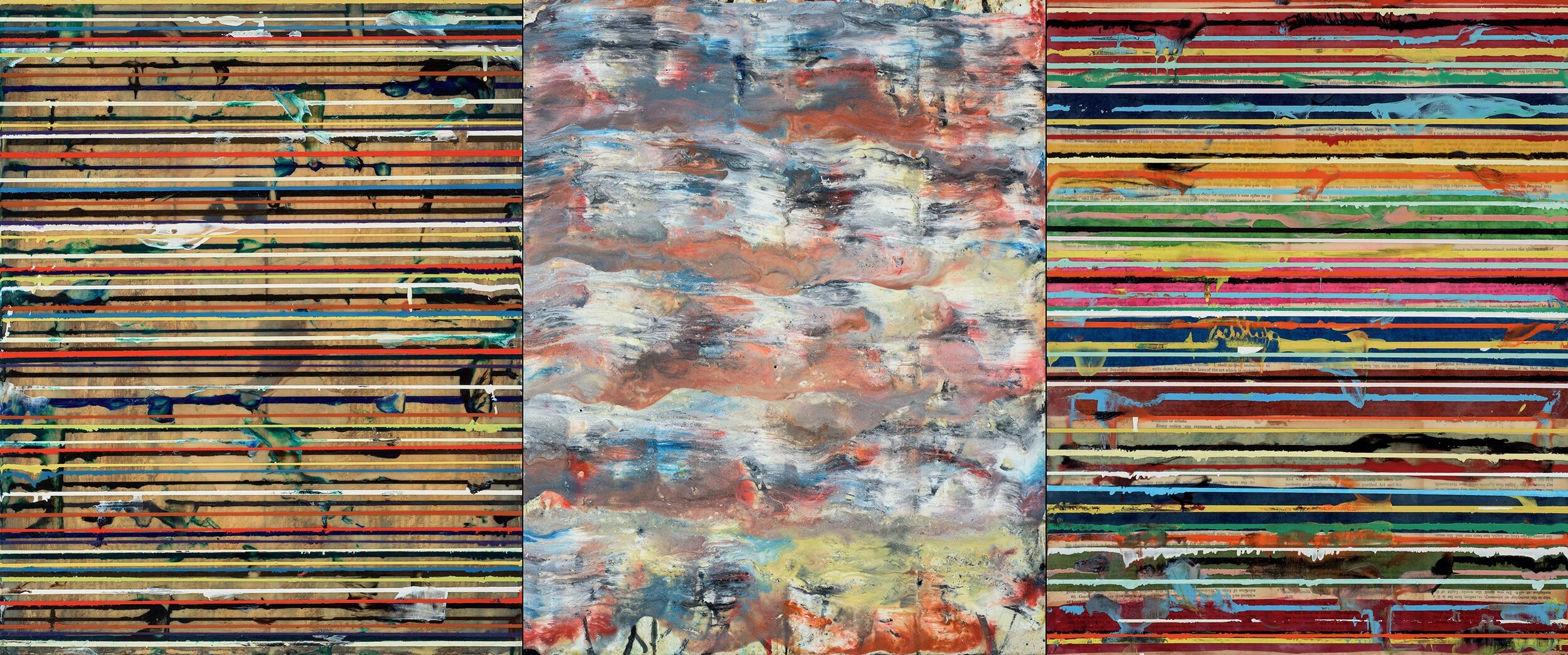  "Rolling", 2016, encaustic, oil and collage on board, 20" x 48", triptych 