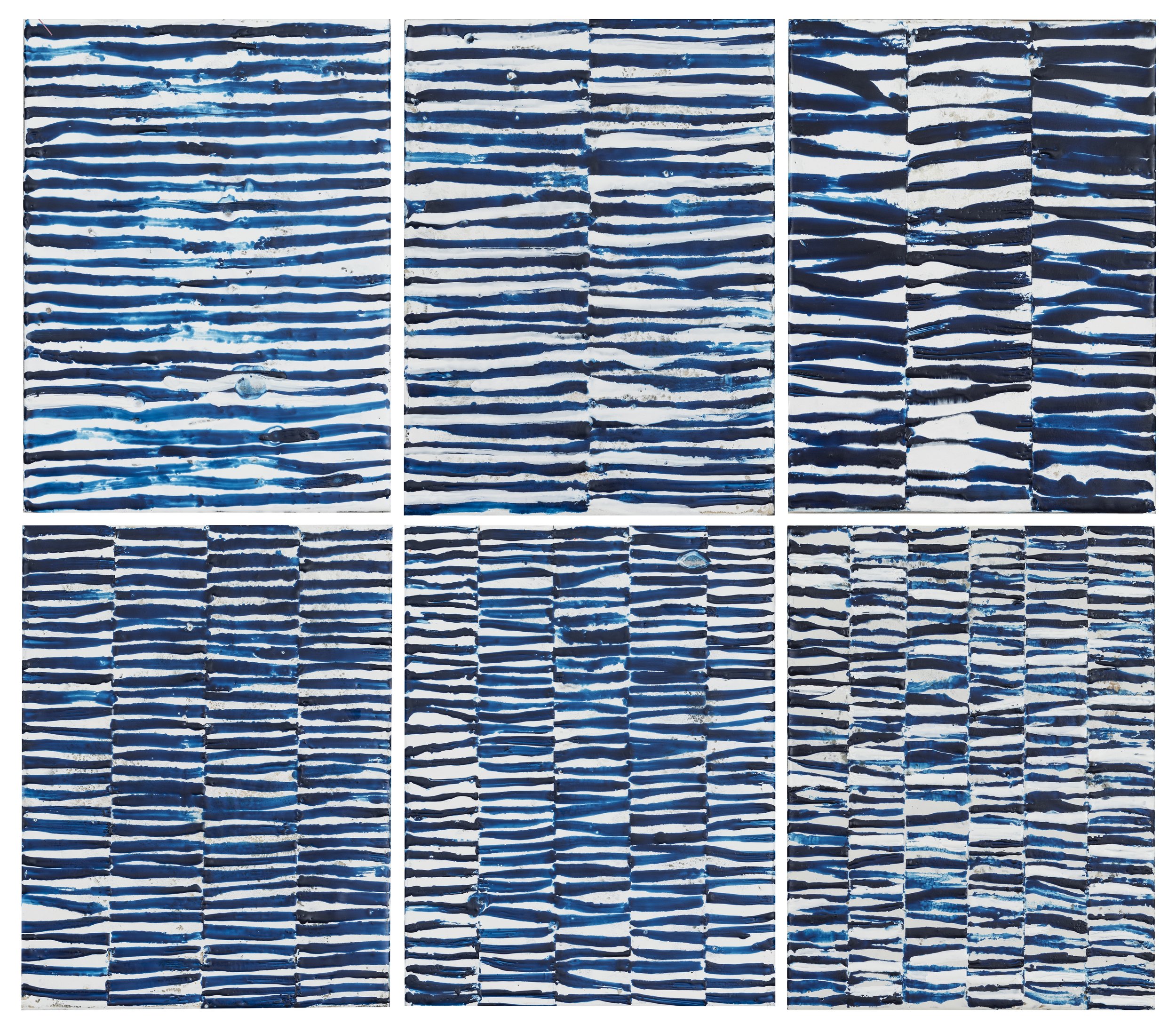  "Indigo", 2022, encaustic and collage on board, six panels, 12" x 9" each 