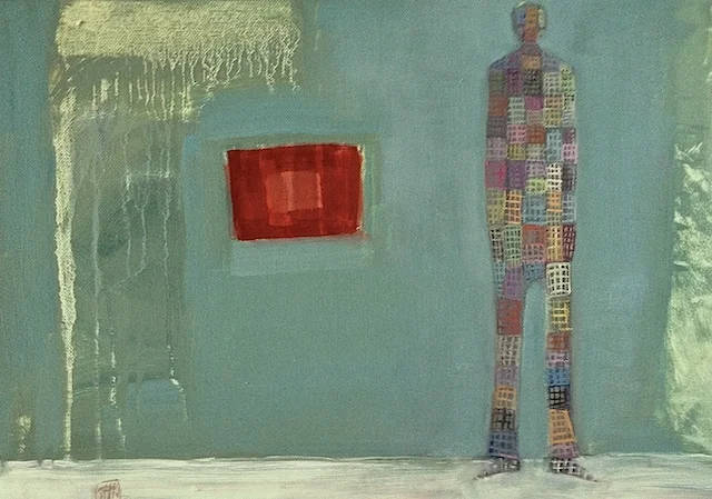 'Plaid Man Blending In' oil on canvas 16"X20"SOLD
