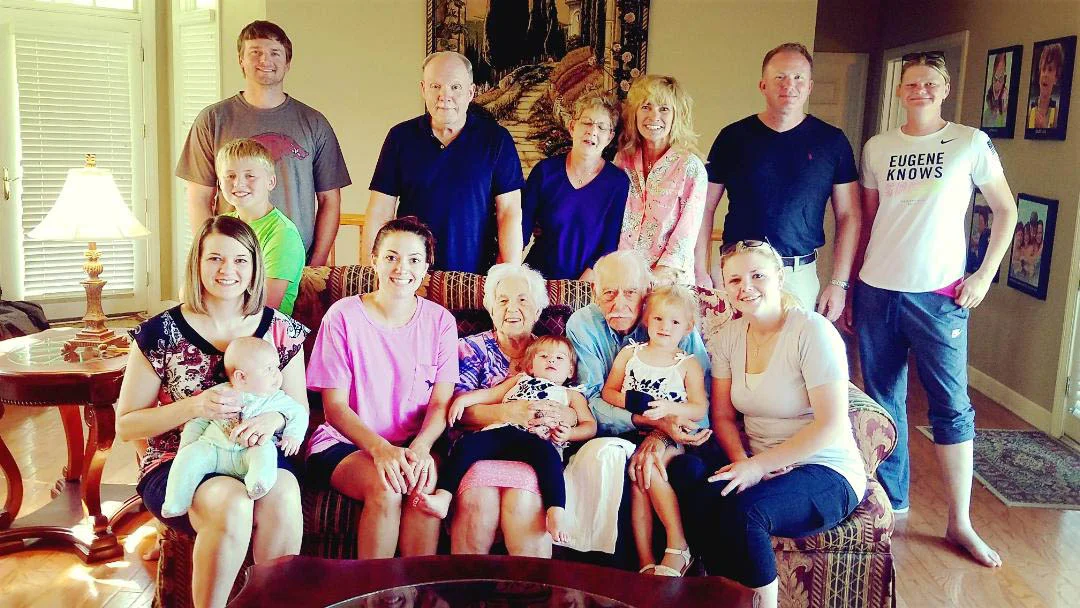 Spending time with family is very important to Don and Lilly. Here, they all enjoyed a family reunion in Hot Springs, Arkansas. Pictured are: (front row) Marianne McBride (granddaughter) holding Maddie McBride (great- granddaughter), Amber Runion (granddaughter), Lilly Preston holding Alayna Runion (great-granddaughter), Don Preston holding Adelynn Runion (great-granddaughter), and Amanda Buffington (granddaughter); (middle row, sitting on couch in green shirt) Tucker Runion (great-grandson); (back row) Danny Runion (grandson), Glenn McBride (son-in-law), Madelein McBride (daughter), Donna Jeffus (daughter), Jason McBride (grandson), and Christina Harrod (friend).