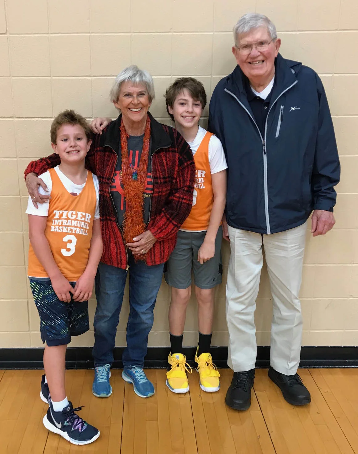 This past January, Mary Jane and David congratulated grandsons, Adam and Alex, after playing in their basketball games at Texas Middle School.