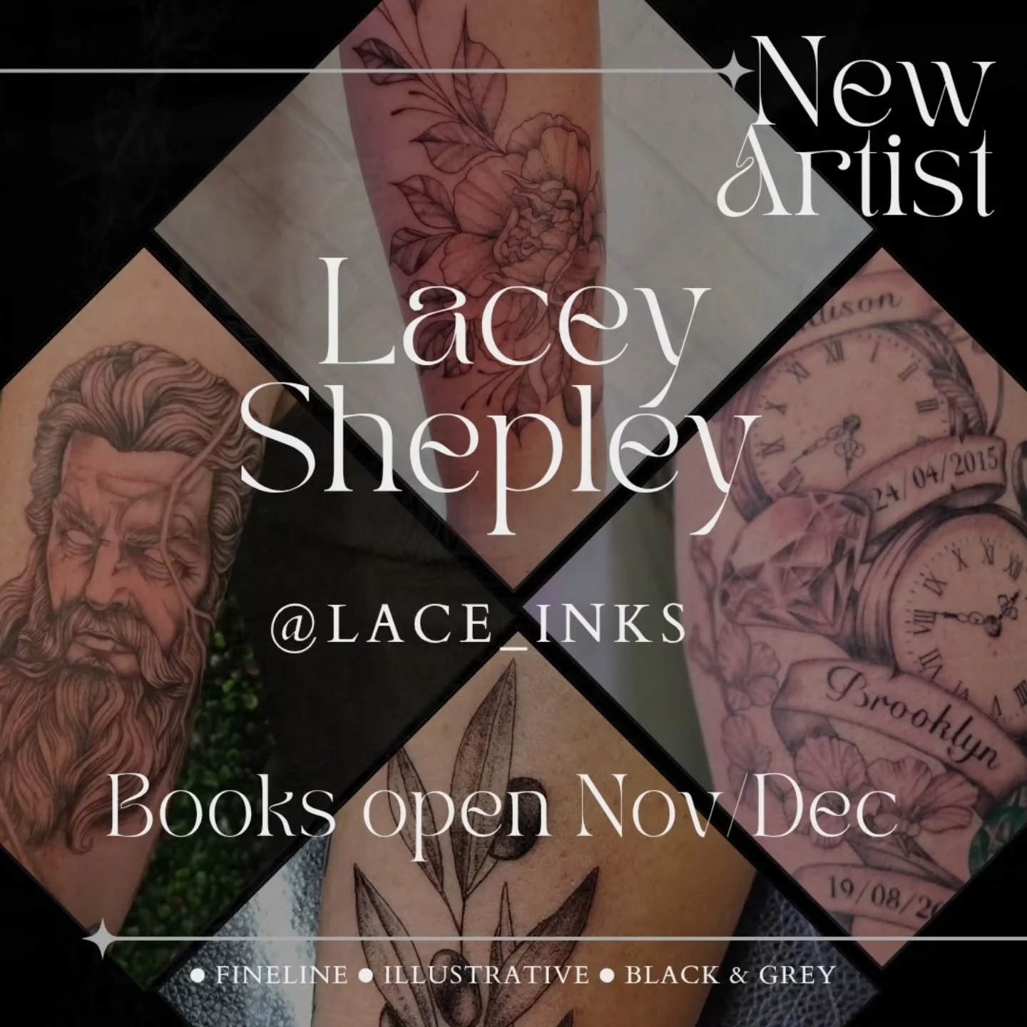 Please welcome our newest artist, Lacey! 

She's all about clean fineline work, soft whip-shading, and nature inspired pieces. Her style is gentle and detailed and I'm personally obsessed with her floral pieces! 

She has open availability for Novemb