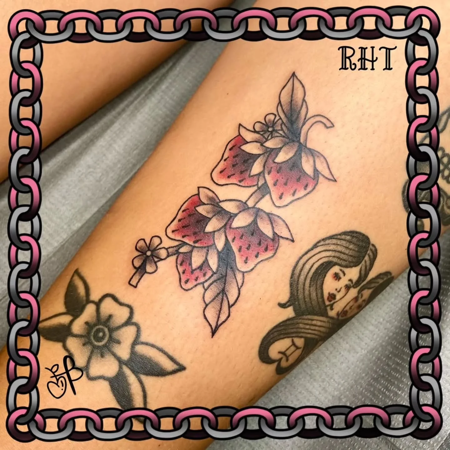 &bull; @berrypickertattoos &bull; 🍓Strawberries make fantastic tattoos🍓
. 
.
Thank you Eva! It was so nice to catch up and chat craft markets with you 💖

#patchworktattoo #traditionaltattoo #londonontario #neotrad #westernuniversity #fanshawecolle