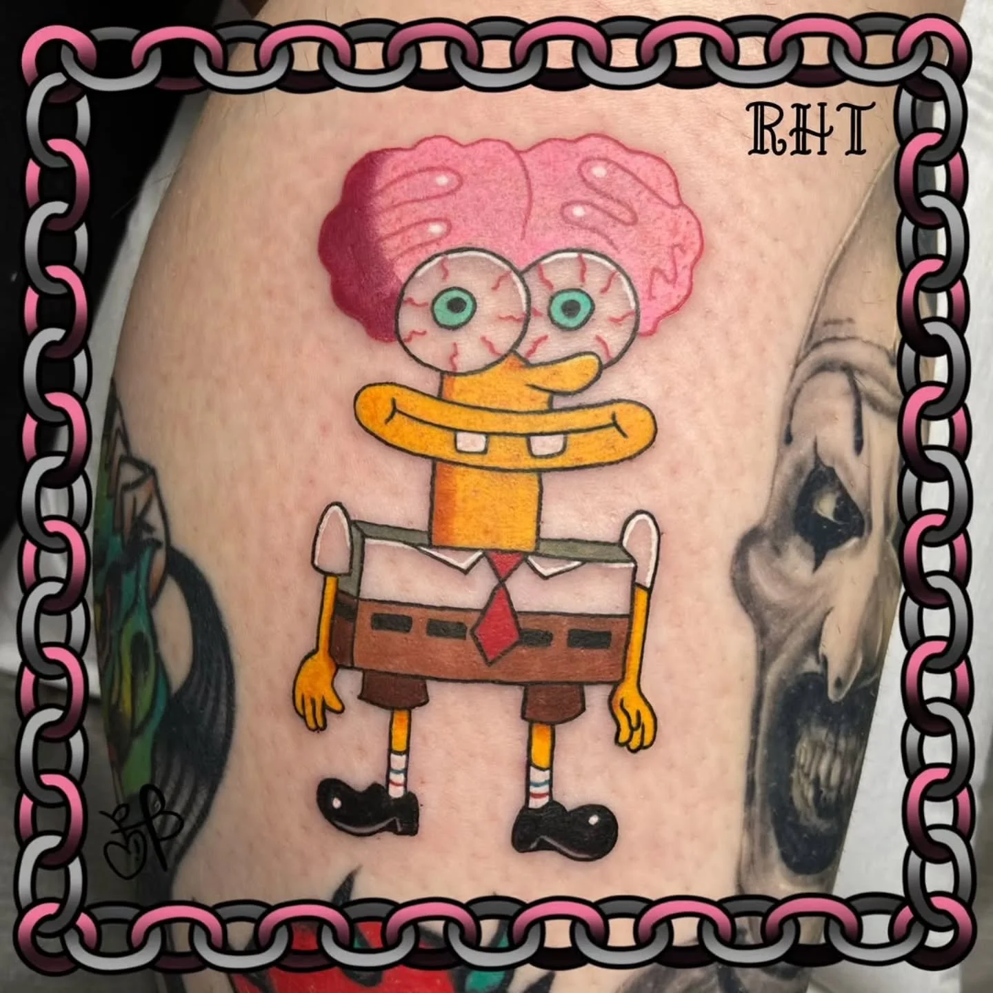 &bull; @berrypickertattoos &bull; 🧽🧠SpongeBrain SpookyPants🧠🧽
. 
.
Thank you Jasmine! I&rsquo;m so honoured to have done so many SpongeBob universe tattoos!! I think this one&rsquo;s my favourite 🤫🤫
.
.
.
Hit me up with your Spongebob ideas 🤞?