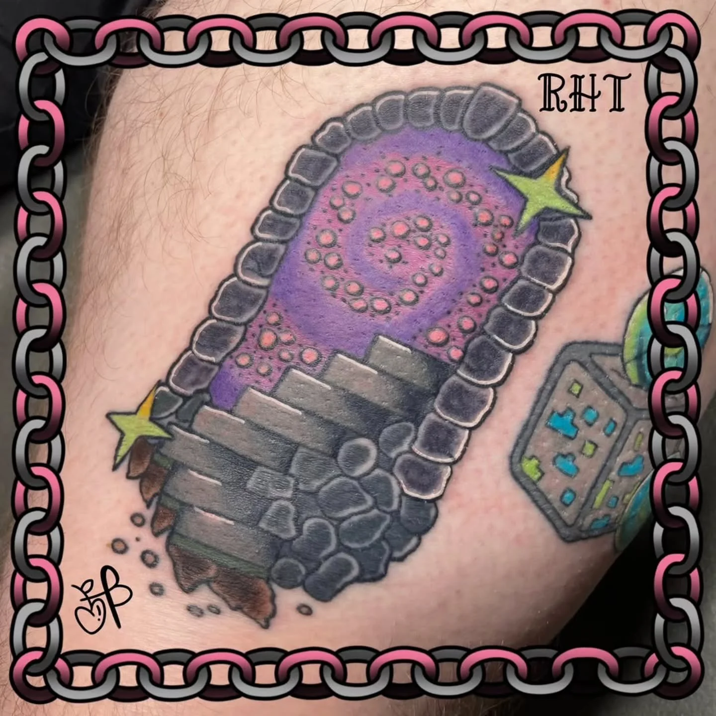 &bull; @berrypickertattoos &bull; 🐉We&rsquo;re ready for the dragon🐉
. 
Minecraft portal is officially done! Mostly healed, some colour fresh :)
.
Thank you James, I&rsquo;m so stoked we finished these! 
Thank you for your trust, patience, and good