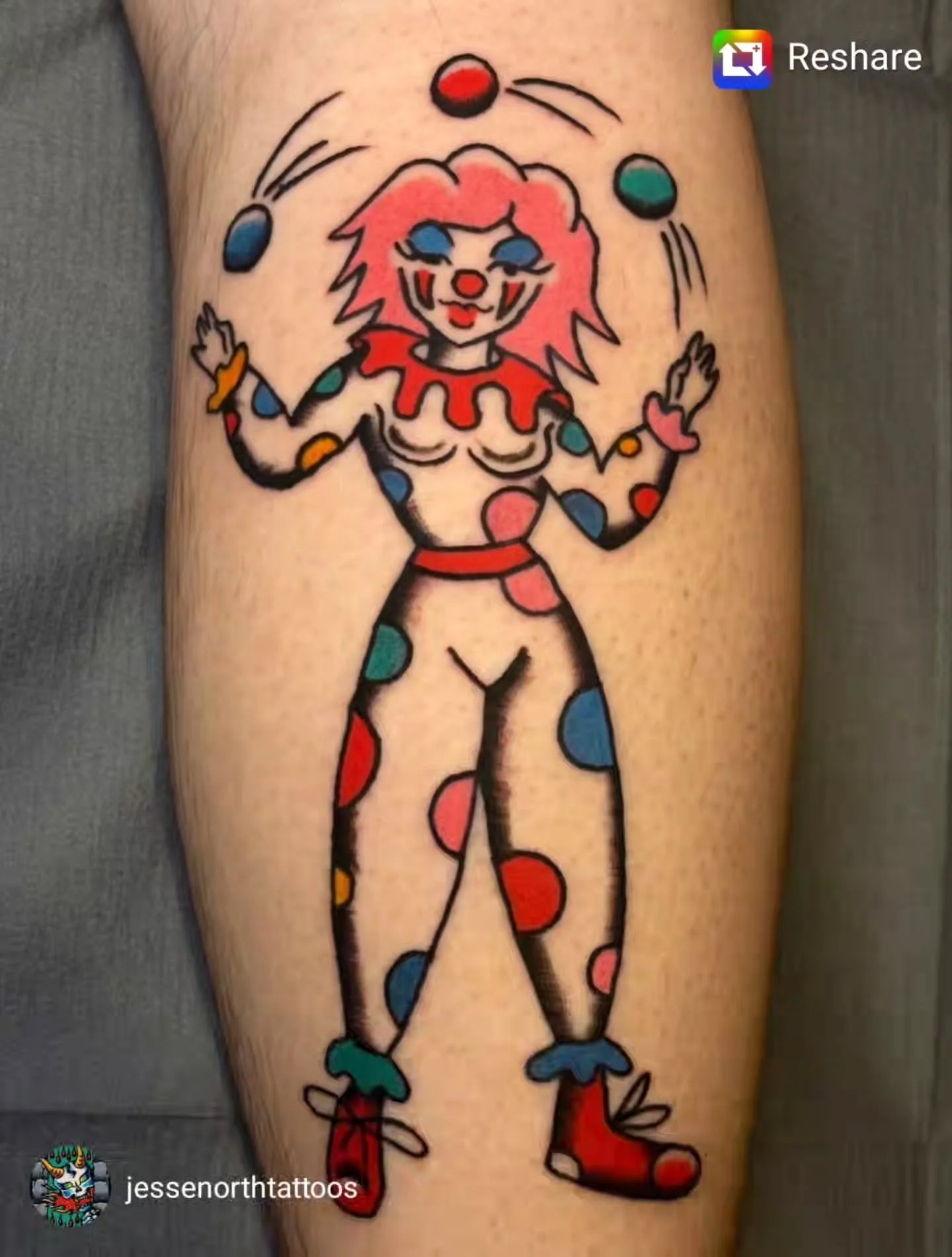 🎈 🤡 Clown Girl 🤡 🎈 
She's so fun. Hire her for your birthday party!
Done by @jessenorthtattoos 
.
.
.
Raven's Head Tattoo 
242 Dundas Street 
London Ontario 
519-601-2400