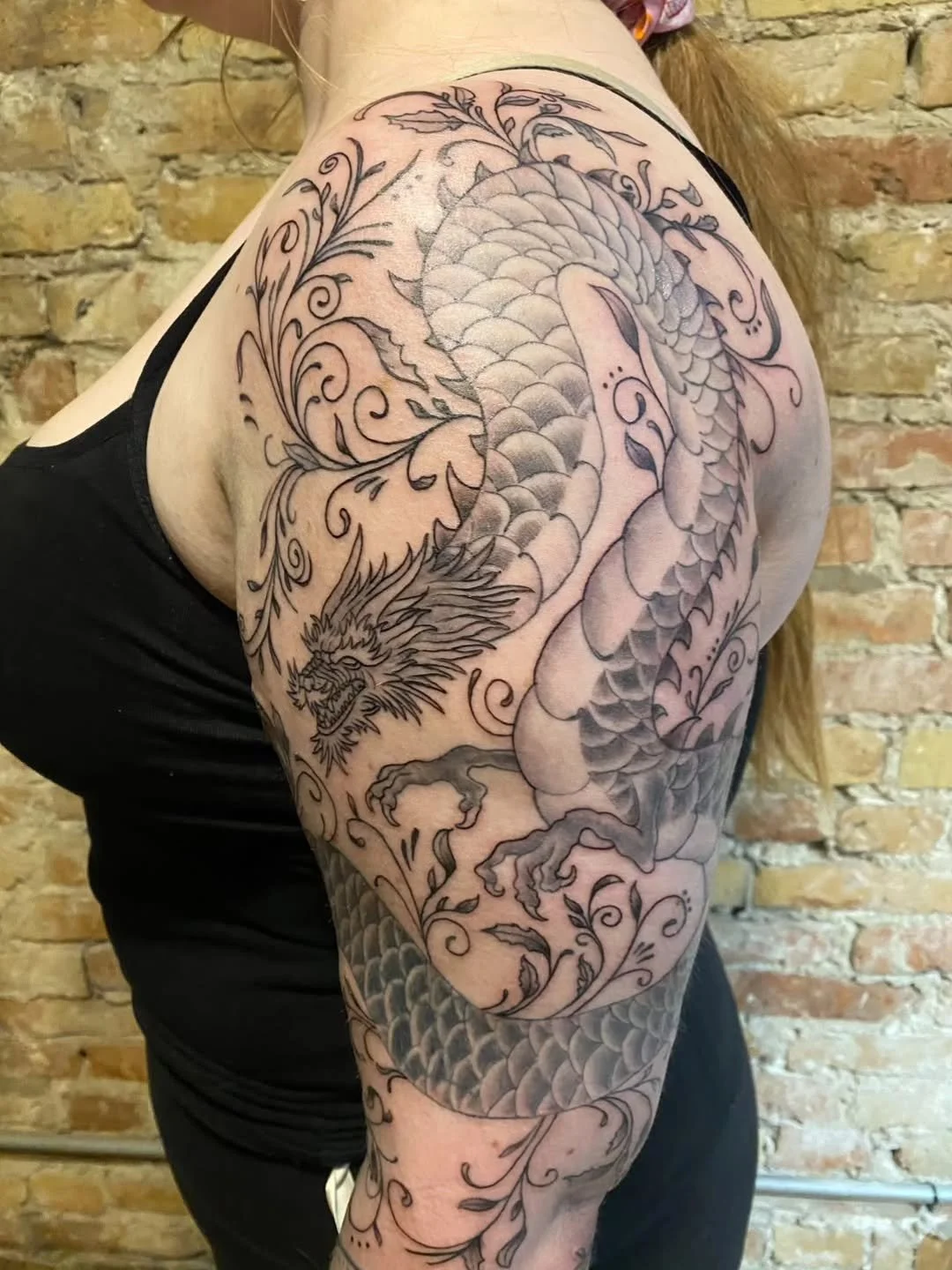 &bull; @keithmullintattoos&bull; Finished up this super fun dragon last week. There&rsquo;s a few small cover ups here and there in the body. Thank you for the trust!!!
.
.
.
Raven's Head Tattoo 
242 Dundas Street 
London Ontario 
519-697-4401 

#ldn
