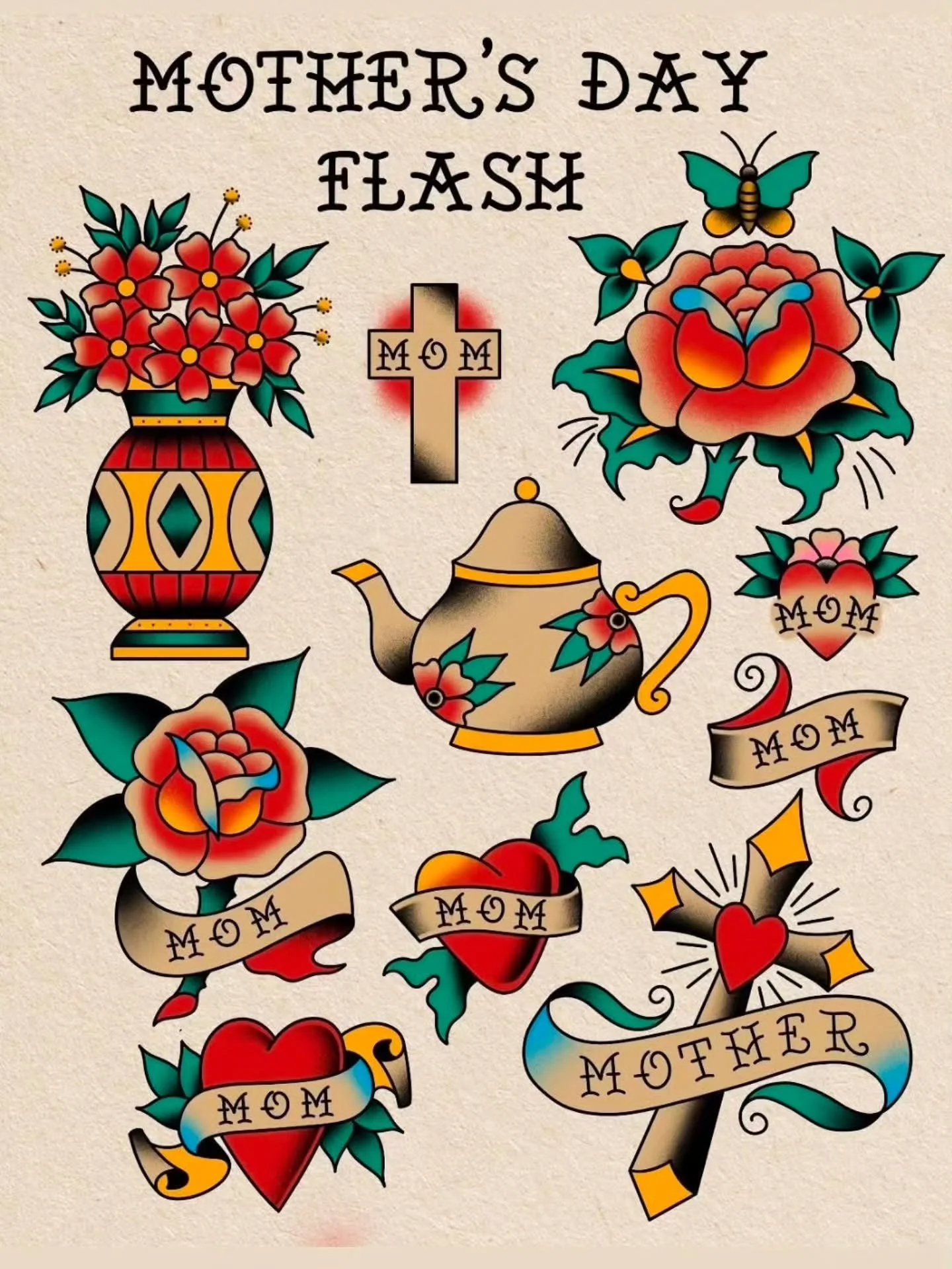 Mother's Day is fast approaching!
Jesse has time Today, Friday &amp; Saturday for some  special flash pieces! Or if you have an idea of your own let's chat! :)

Your mom can't be upset that you're getting another tattoo because it's for her. It's jus