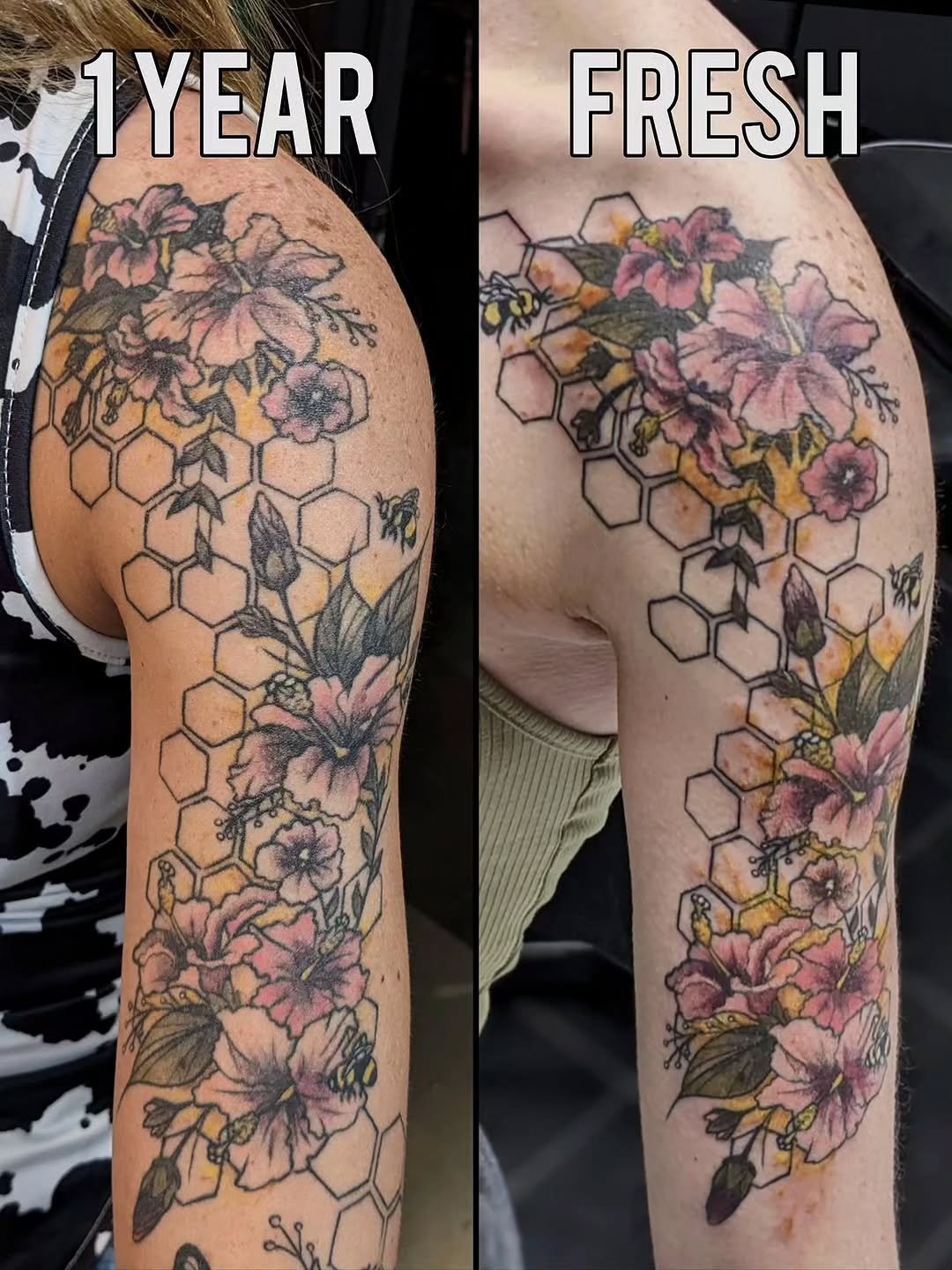 &bull; @amy.lo.ink &bull; Honey bees and hibiscus! 🌺🐝 

Had the absolute pleasure of seeing this healed tattoo the other day! This guy is almost 1 year healed right on the dot (Technically I think it's a year and 2 days old or something 😂)

This h