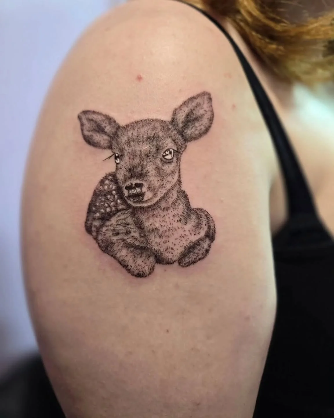 A Precious little fawn by Lacey! 🦌
They are so cute to see in person. If you come across a baby remember to keep your distance! Your scent can attract predators to them. 
You can enjoy this tattoo up close though! ✨️
