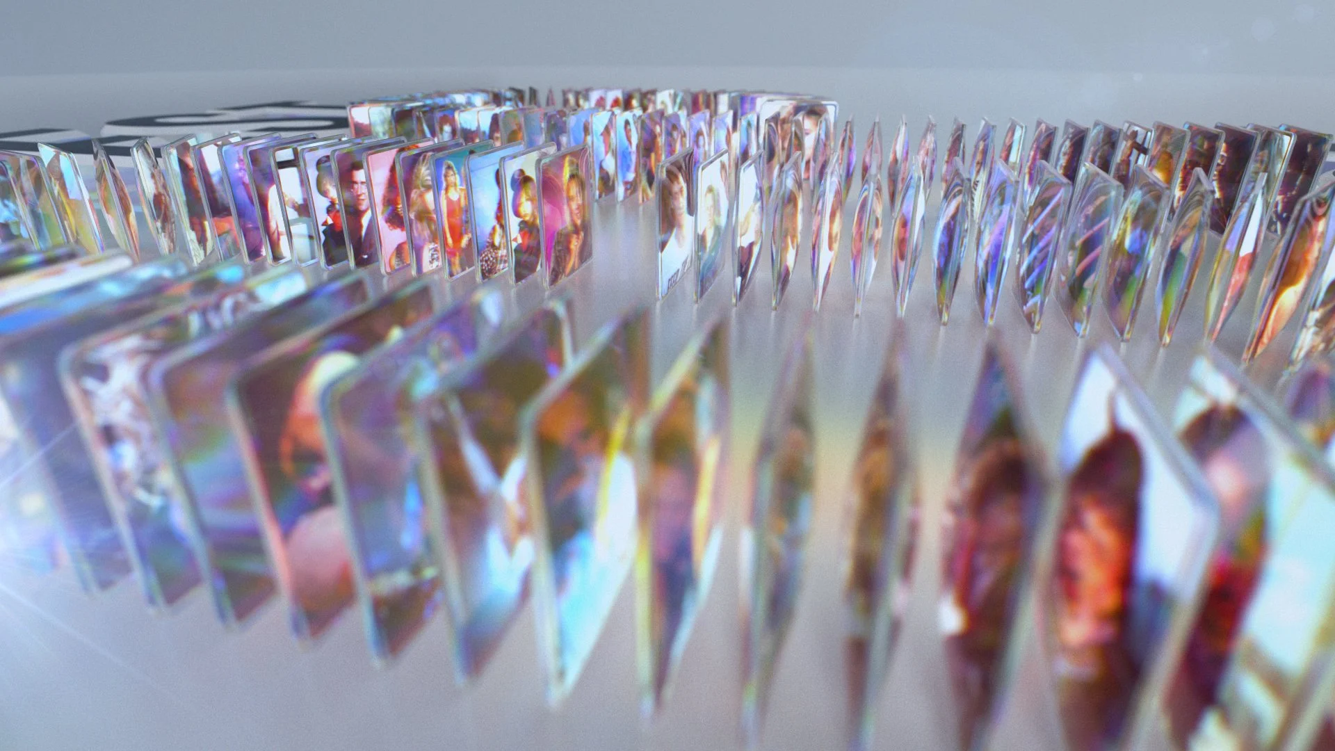  We wanted the graphics for the "Greatest Pop Videos" series to include as many images of artists from the relevant decade as possible and so we created a scene in which the word "Pop" was made of shiny glass screens containing these shots. We used R