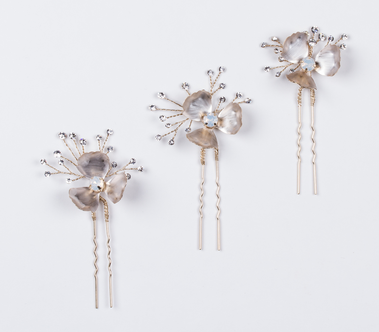 Bridal pins with hand painted leaves and opal center by Untamed Petals