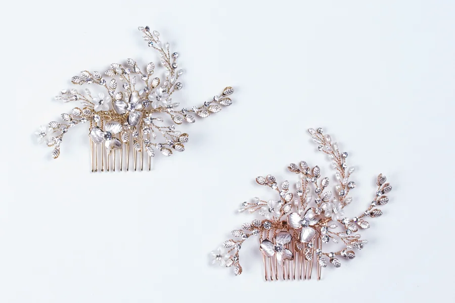 Bridal comb with pearls, crystal flowers and brushed metal by Untamed Petals