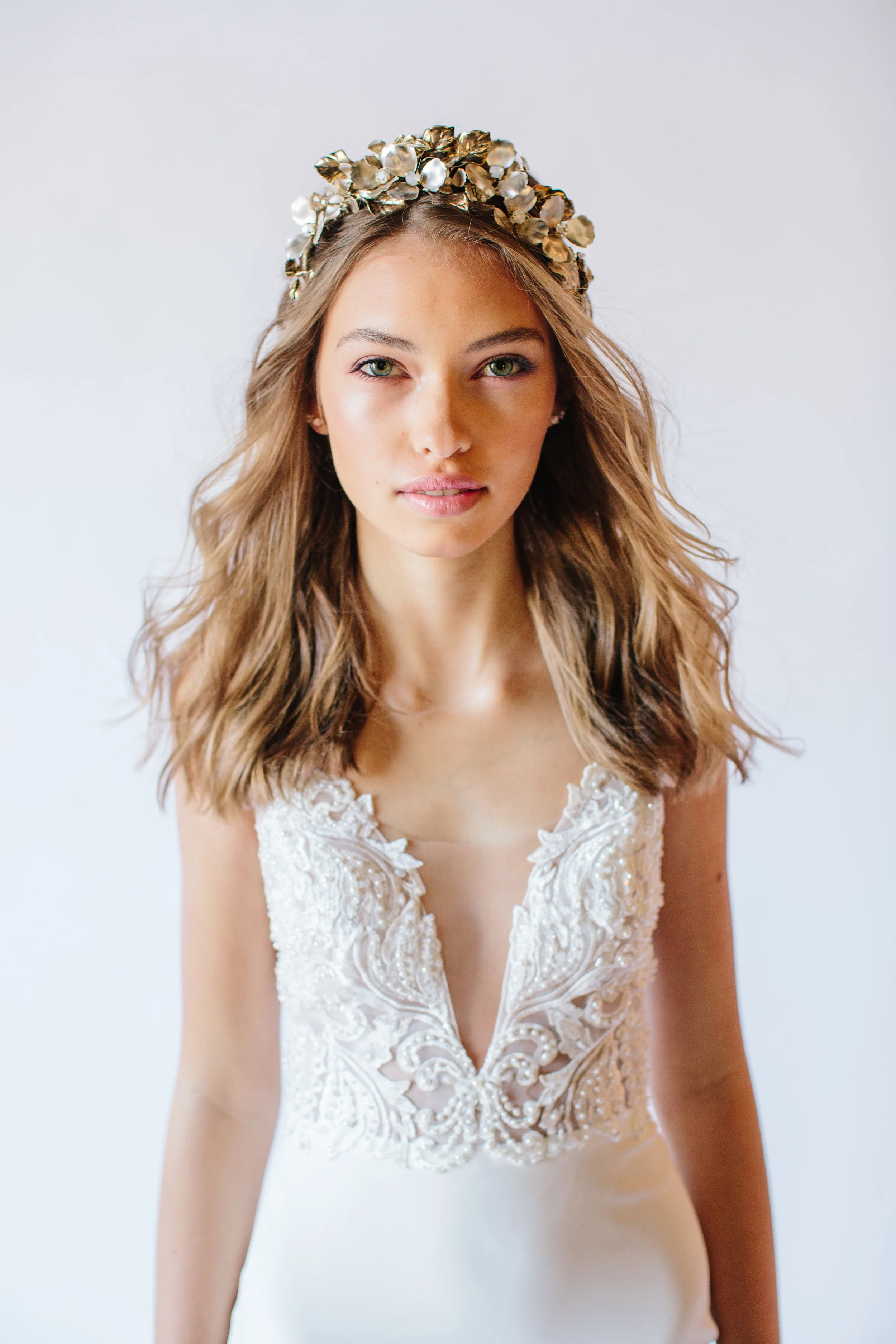 Headpiece full of hand-painted flowers, opal stones and gold leaves by Untamed Petals