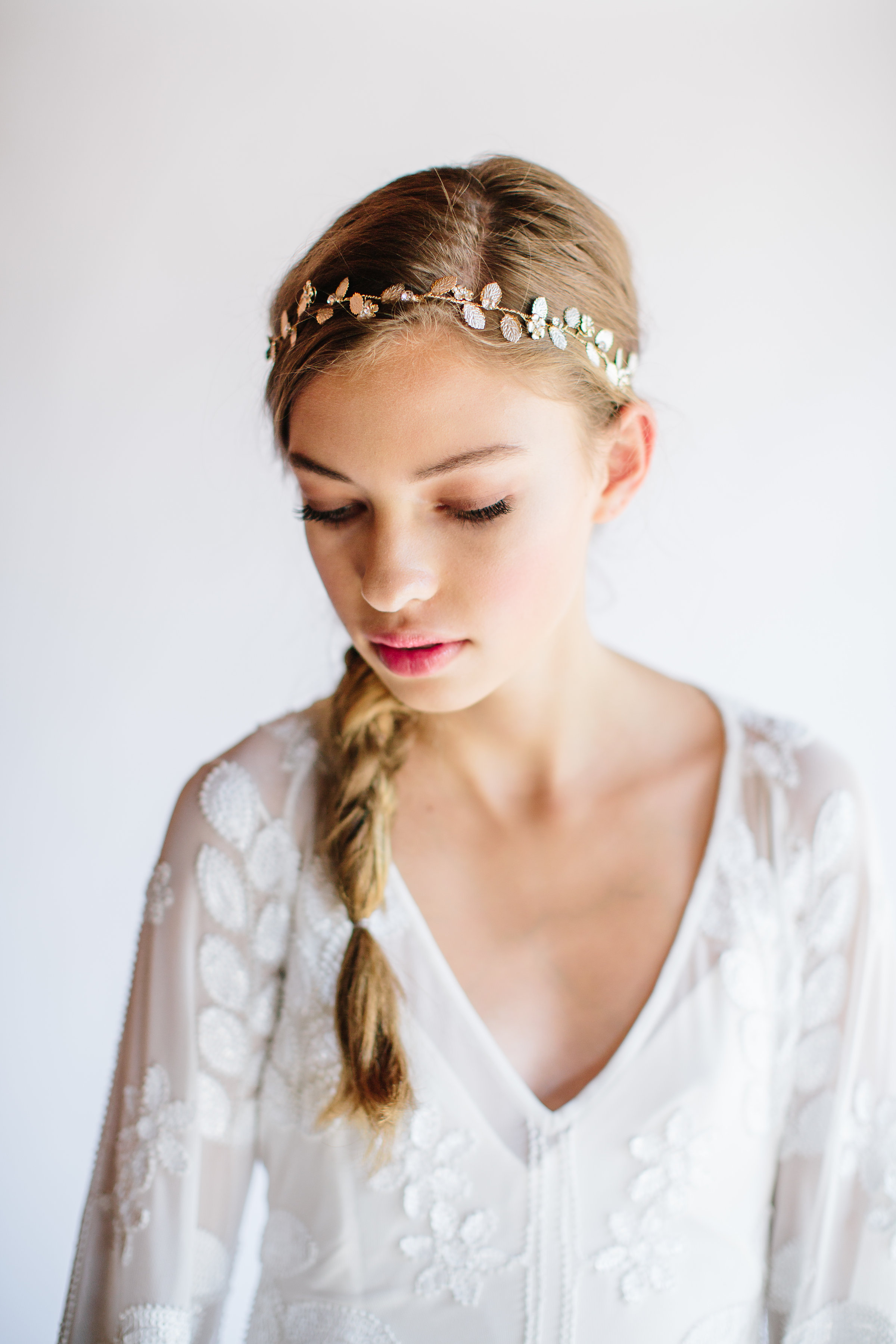 Dainty gold and crystal leaf bridal vine by Untamed Petals