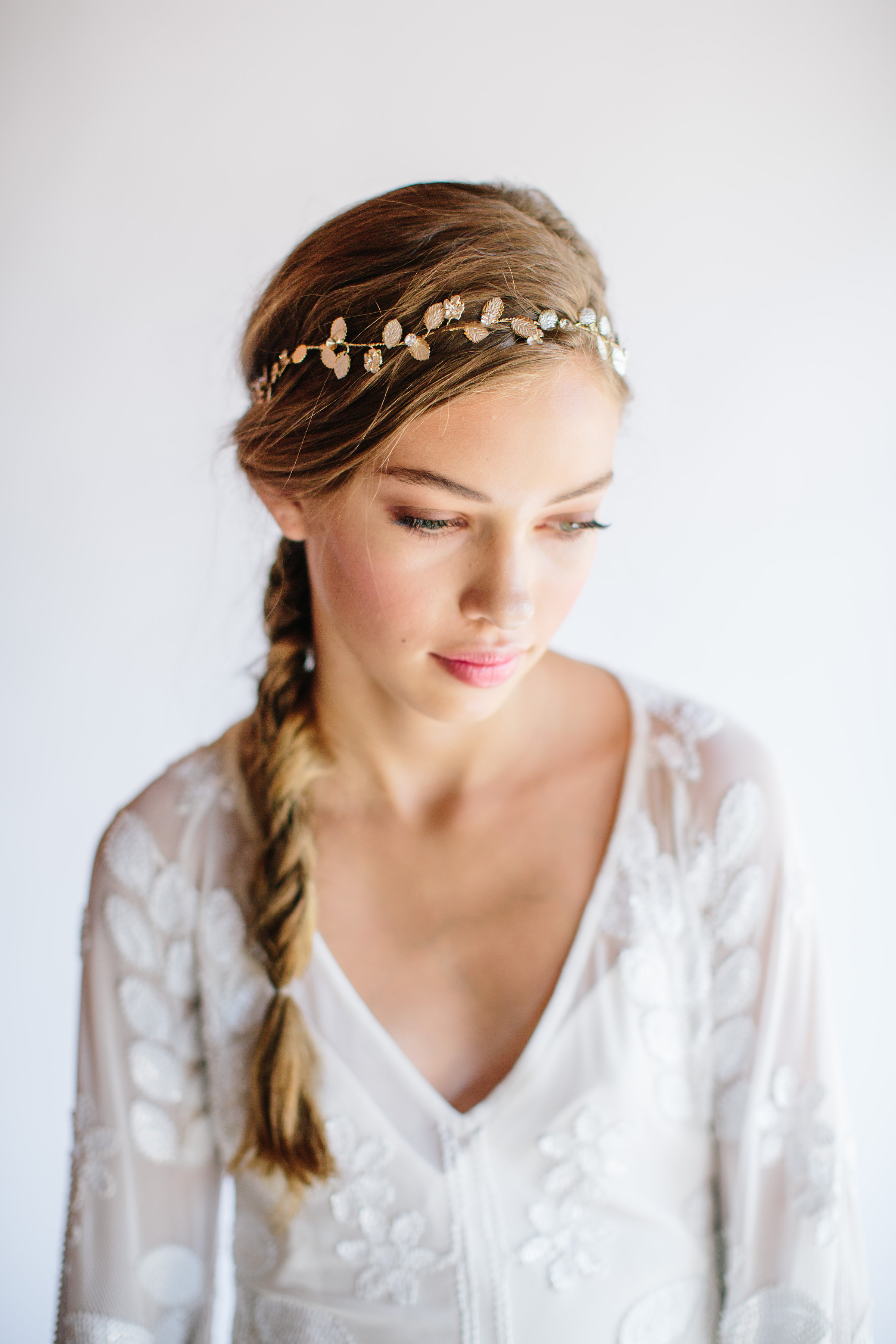 Dainty gold and crystal leaf bridal vine by Untamed Petals
