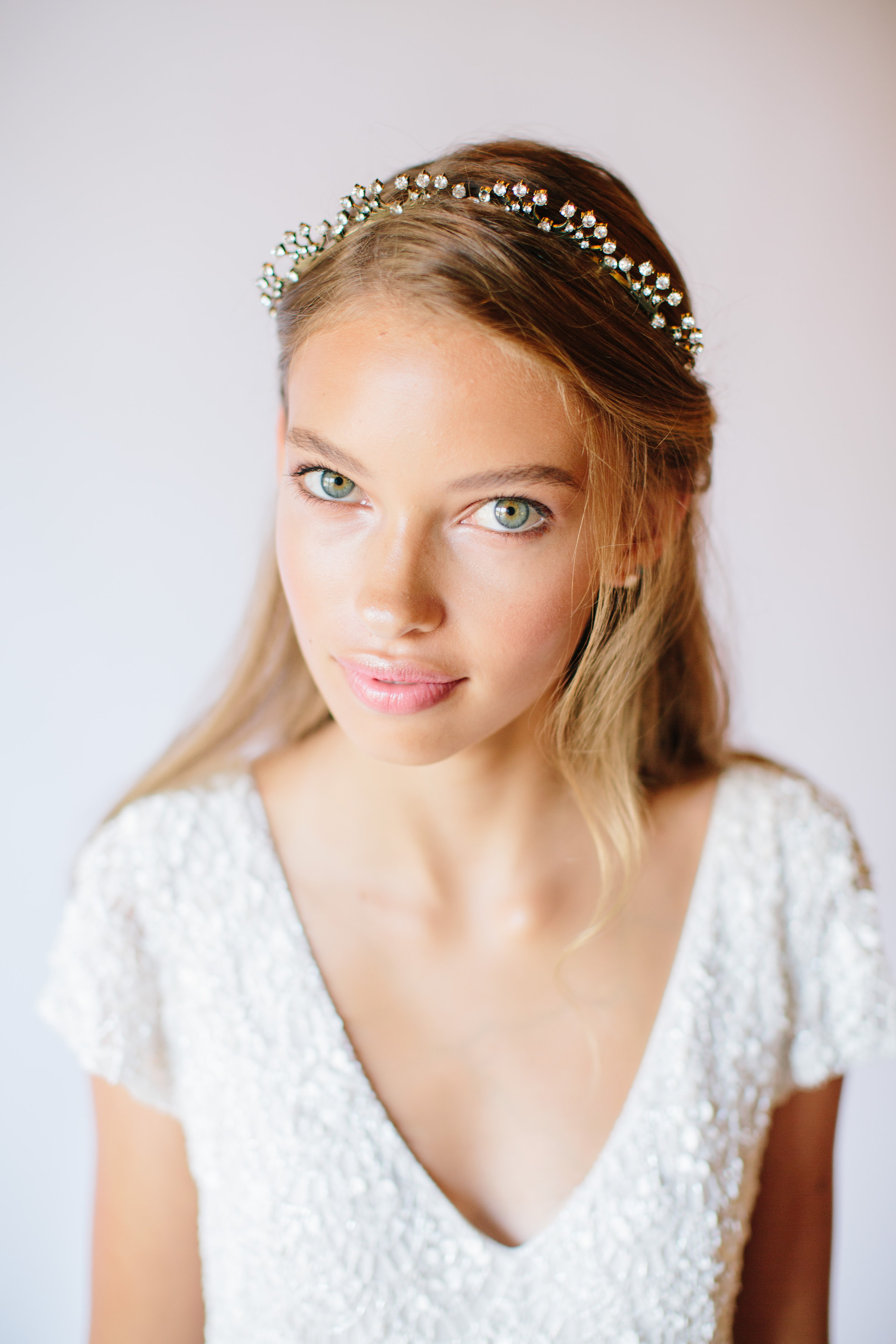 Vintage inspired brushed gold and crystal tiara by Untamed Petals