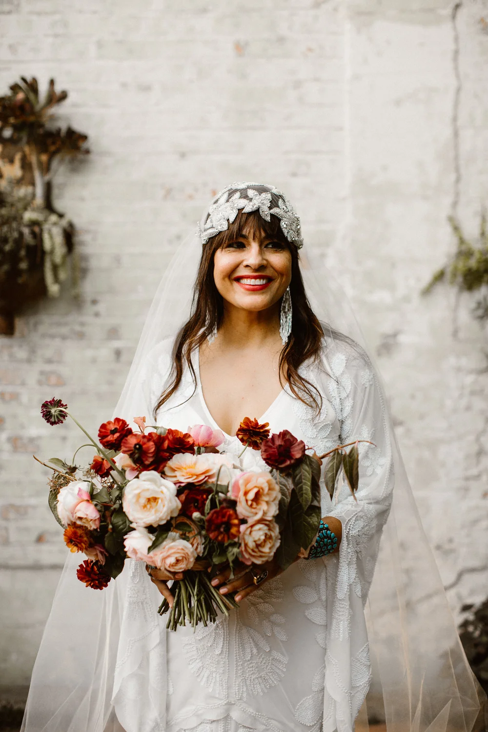 Real Bride wearing Untamed Petals Berlin Cap veil