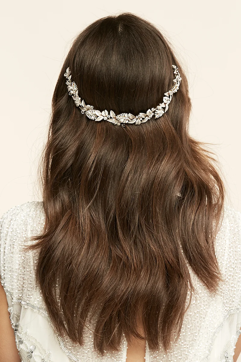 Bridal rhinestone leafy halo in brushed gold or silver by Untamed Petals