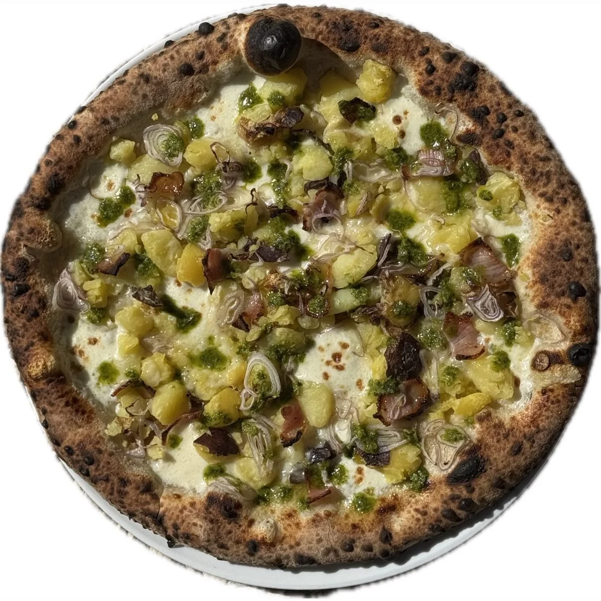 New potato pizza on today!!!! @roots_organic_farm new potatoes, @allepiasalumi guanciale, shallots, @springbrookfarmcheese reading raclette, and a delicious arugula pesto to finish. So insanely good. Come get it. Created by our amazing chefs @sadisti