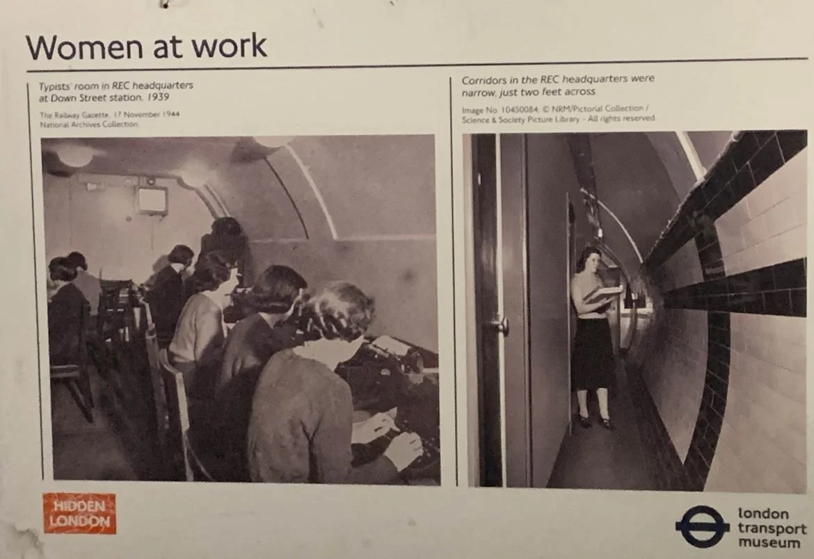 Typists' room at Down Street station as photographed in 1939 and published in 1944 (left). Woman employee in narrow corridor of  REC headquarters, using as much of the tunnel passageway as possible for rooms such as meeting rooms, offices, dining, an