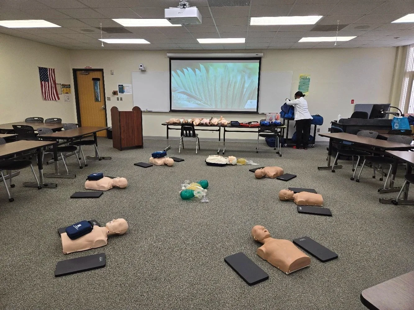 CPR classroom prepared for an on-site training session