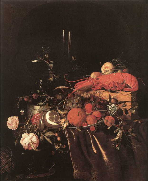 lobster in art still life w fruit flowers glasses and lobster.png